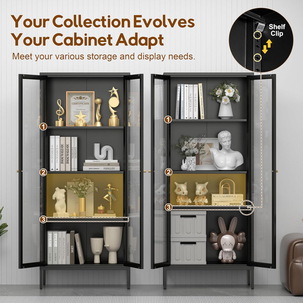 UNICOLY Glass Display Cabinet 4-Tier, Display Cabinet with Glass Doors, Curio Cabinet with Tempered Glasses Doors,Metal Storage Cabinets for Living Room, Plant, Assembly Required, Black