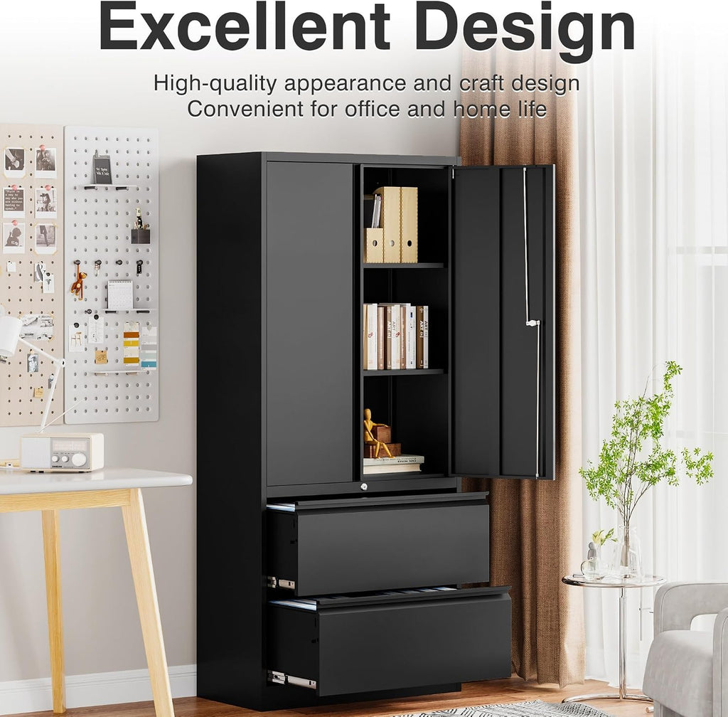 SISESOL Black Metal Storage Cabinet with Drawers and Lock,Locking Steel Storage Cabinet with Doors and Shelves,71' Office File Cabinets for Home Office,Warehouse,Garage,School (Black, 2 Drawers)