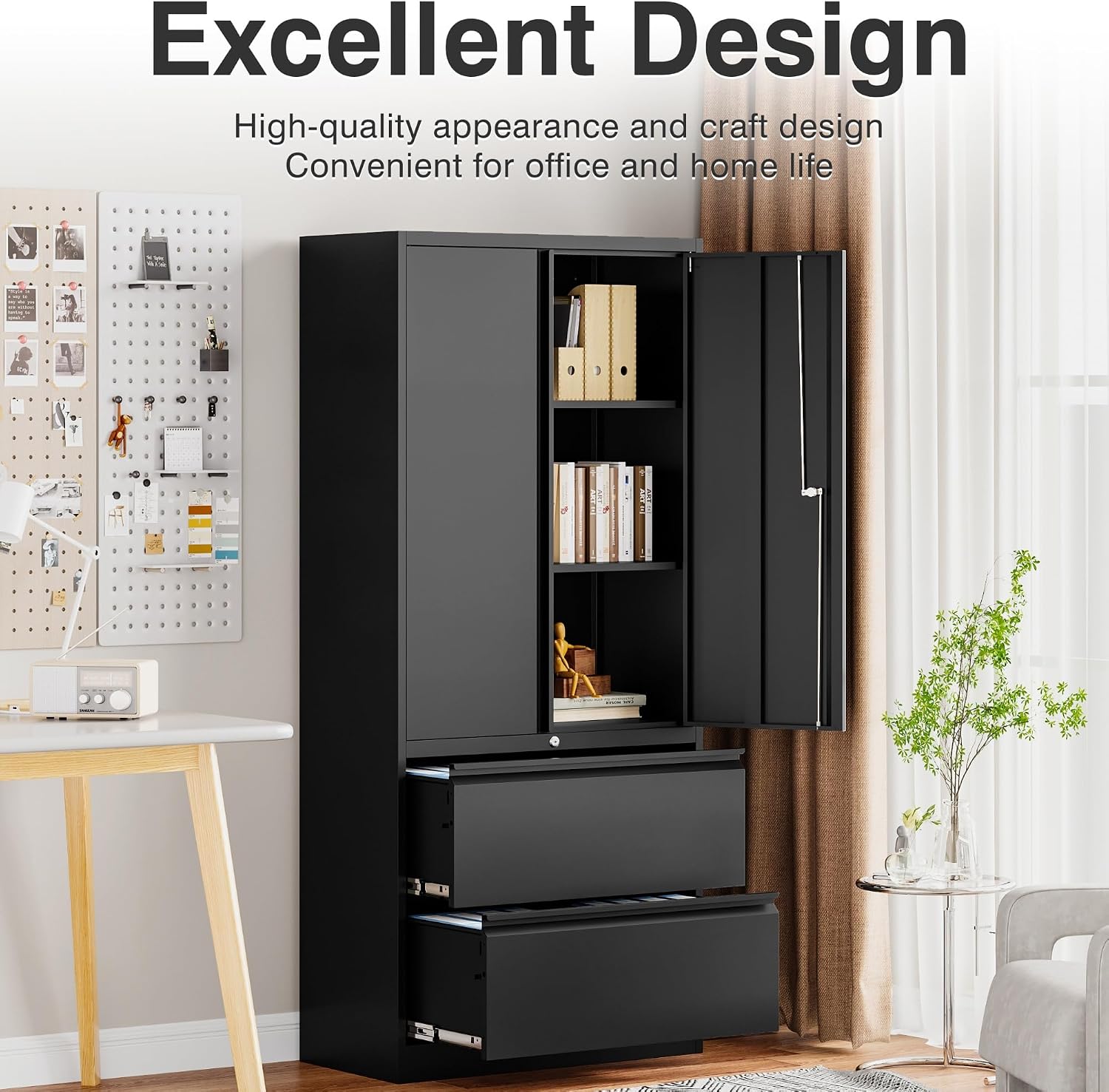 SISESOL Black Metal Storage Cabinet with Drawers and Lock,Locking Steel Storage Cabinet with Doors and Shelves,71' Office File Cabinets for Home Office,Warehouse,Garage,School (Black, 2 Drawers)