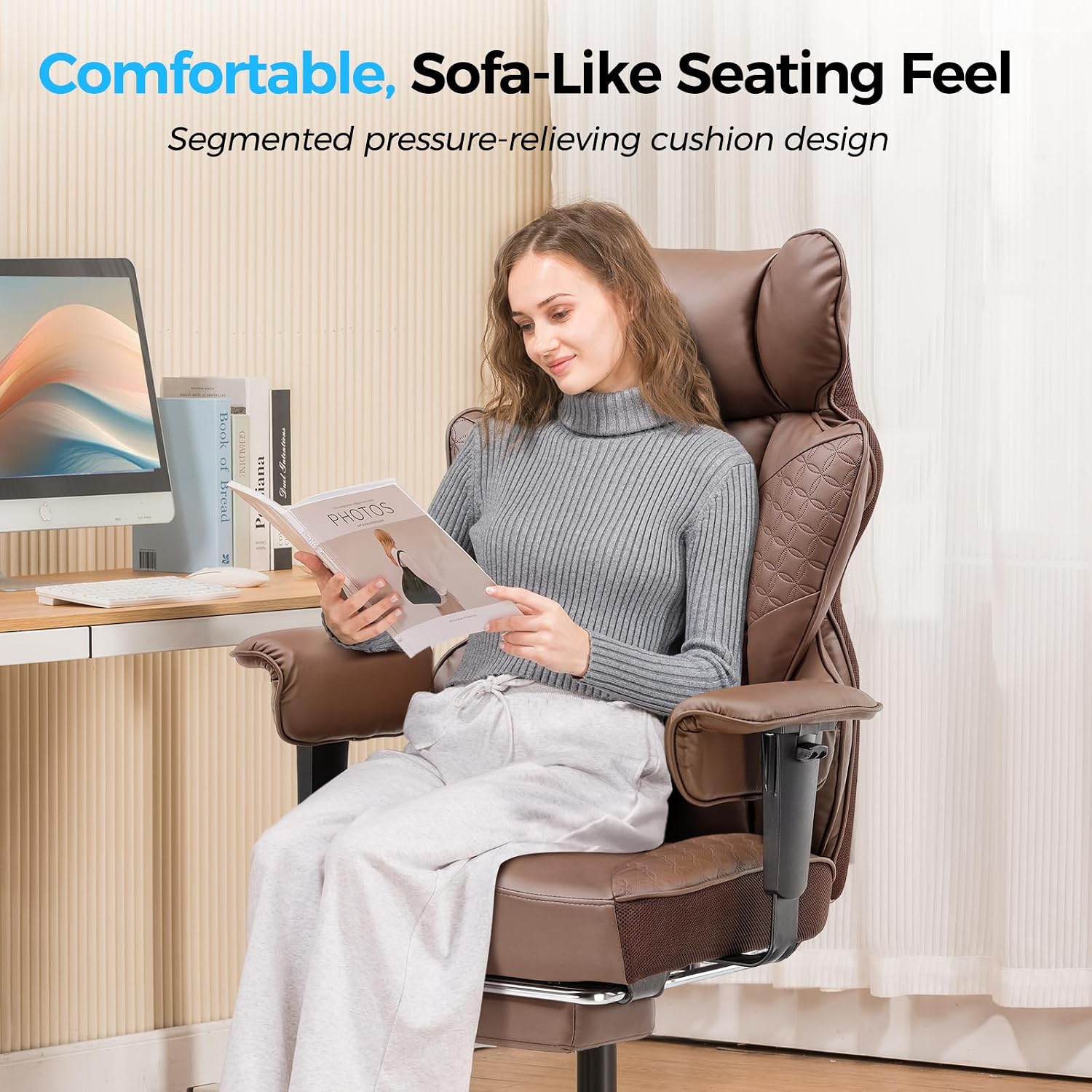 COMHOMA Big and Tall Office Chair Heavy Duty Wide Ergonomic Gaming Chair with Deluxe Embossing Designed Leather with Foot Rest,150°Reclining Adjustable Armrests Pocket Spring Back Support and Pillow