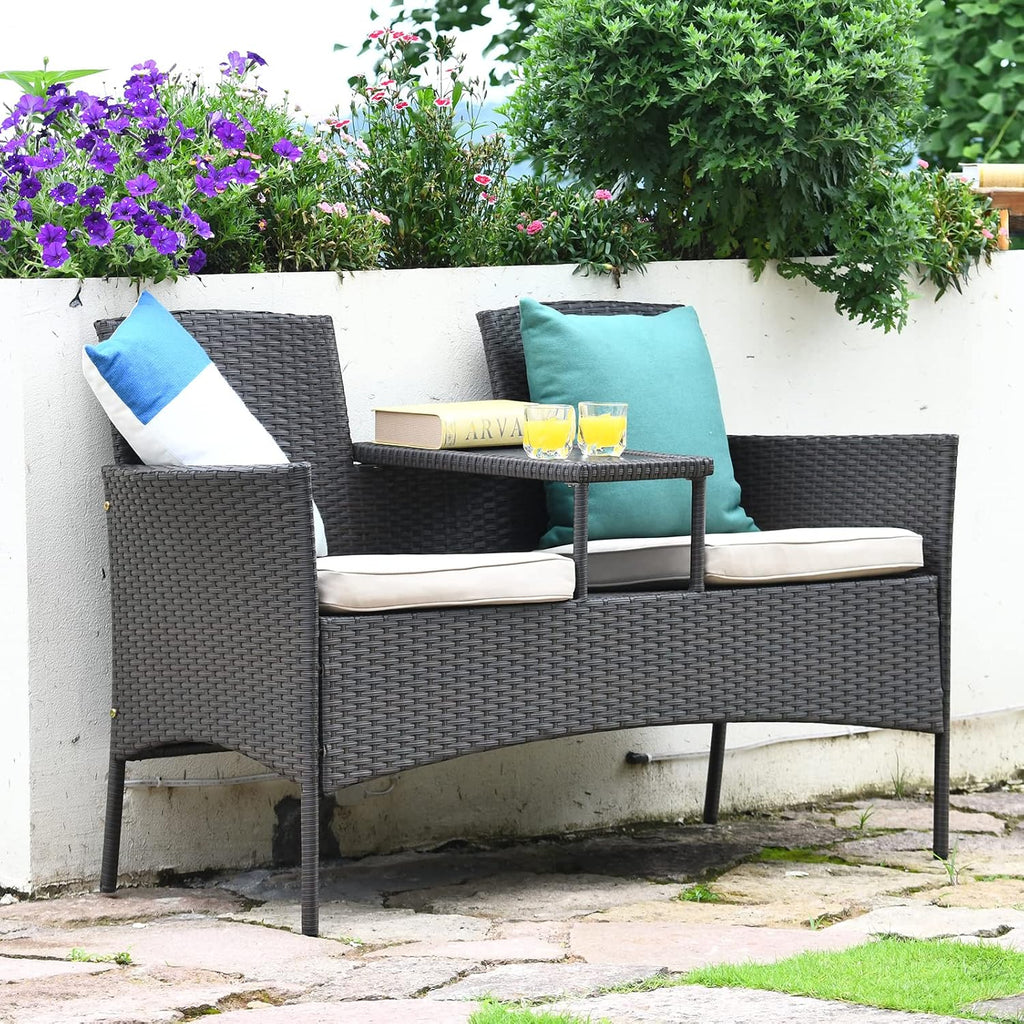Tangkula Outdoor Rattan Loveseat with Built-in Coffee Table, 2-Person Patio Conversation Set with Cushions & Table, Modern Patented Wicker Sofa Set, Wicker Sofa for Garden Lawn Backyard, Beige