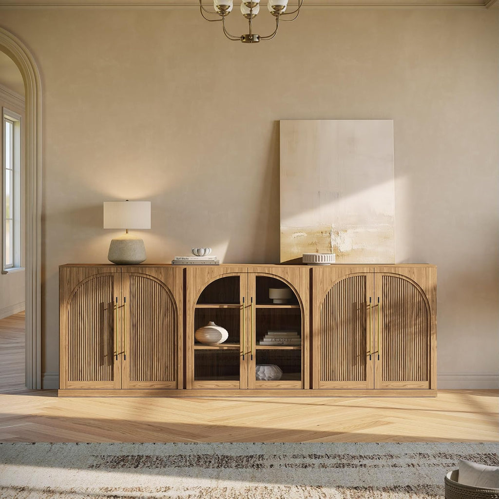 BELLEZE 3-Piece Modular Sideboard Buffet Set Freely Configurable, 2 Arched Wood Door and 1 Glass Door Display Cabinet, 97'' Classic Modern Storage Credenza for Dining Room or Living Room - Camel