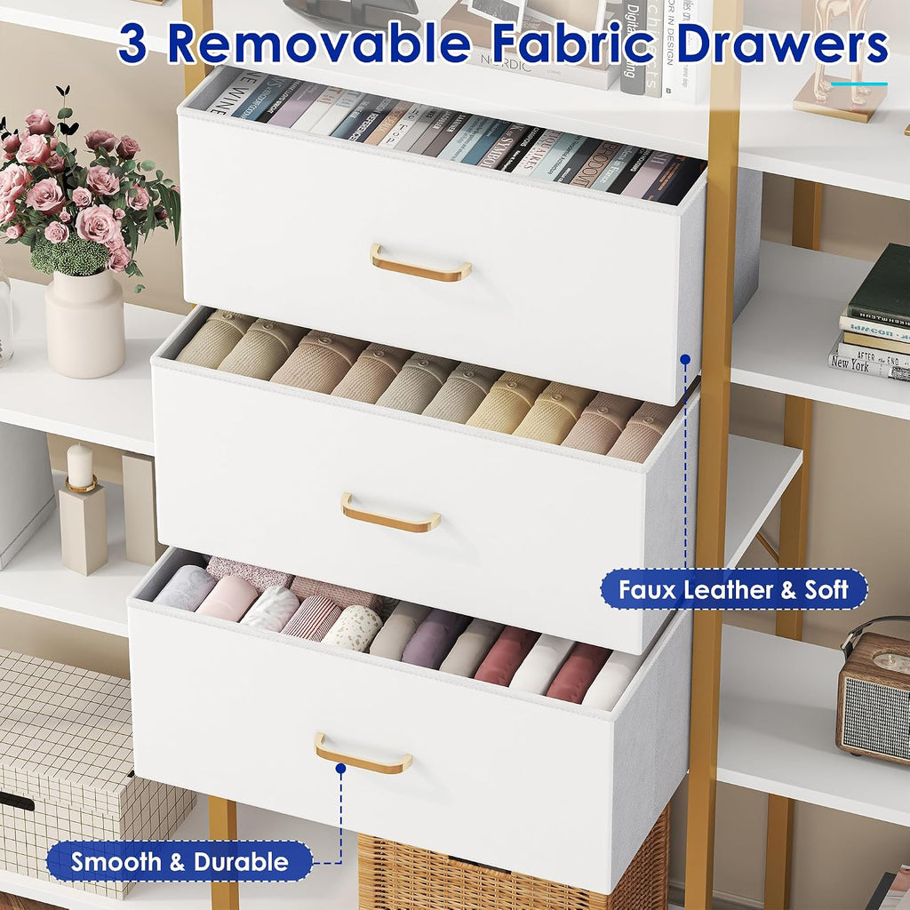 Nosepen 73.6' Tall Bookshelf with 3 Drawers and 16 Storage Shelves, Industrial Bookcase with 16 Open Display Shelves, Large Etagere Bookshelf, Triple Wide Book Shelf Book Case for Home & Office, Gold