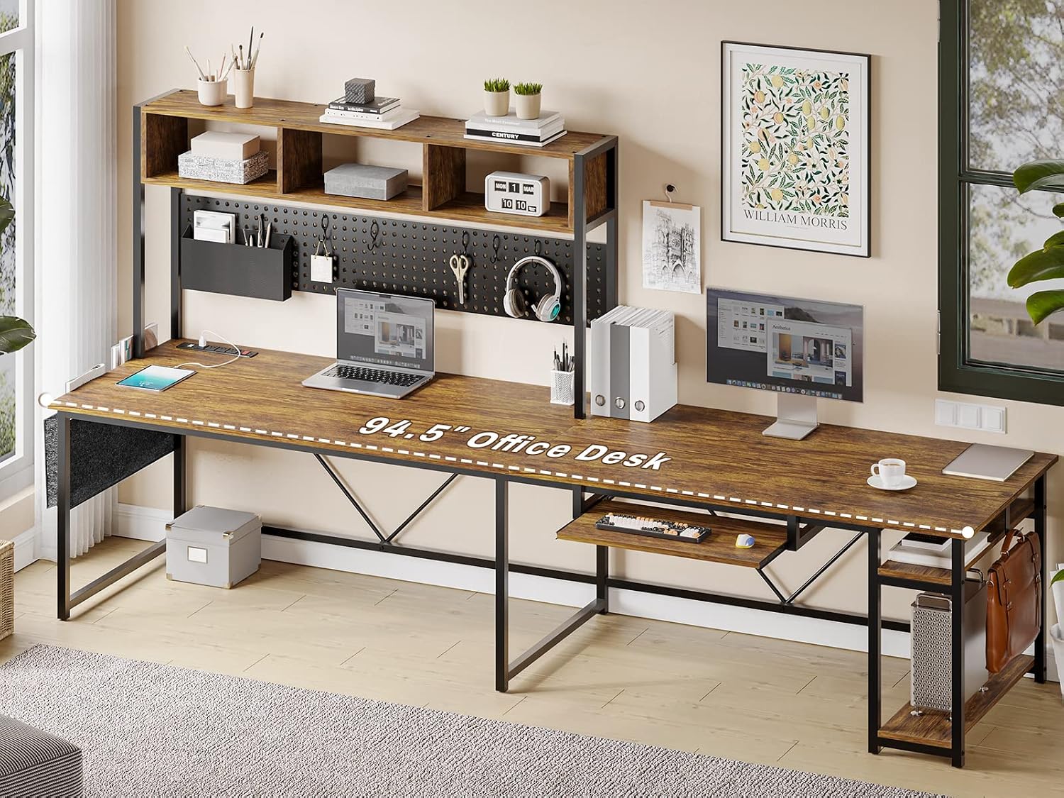 SEDETA L Shaped Computer Desk, Reversible Corner Desk with Power Outlet and Pegboard, Computer Desk with Led Lights, Keyboard Tray, Headphone Hook and Storage Shelves, Rustic Brown