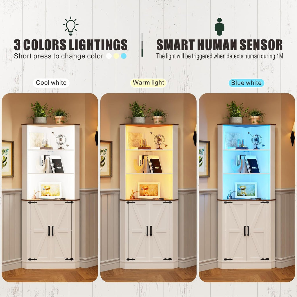TAGELIER Farmhouse Corner Cabinet with LED Light, 67' Tall Bathroom Cabinet with 2 Doors and 3 Tier Shelves, Free Standing Corner Storage Cabinet for Living Room or Kitchen, White