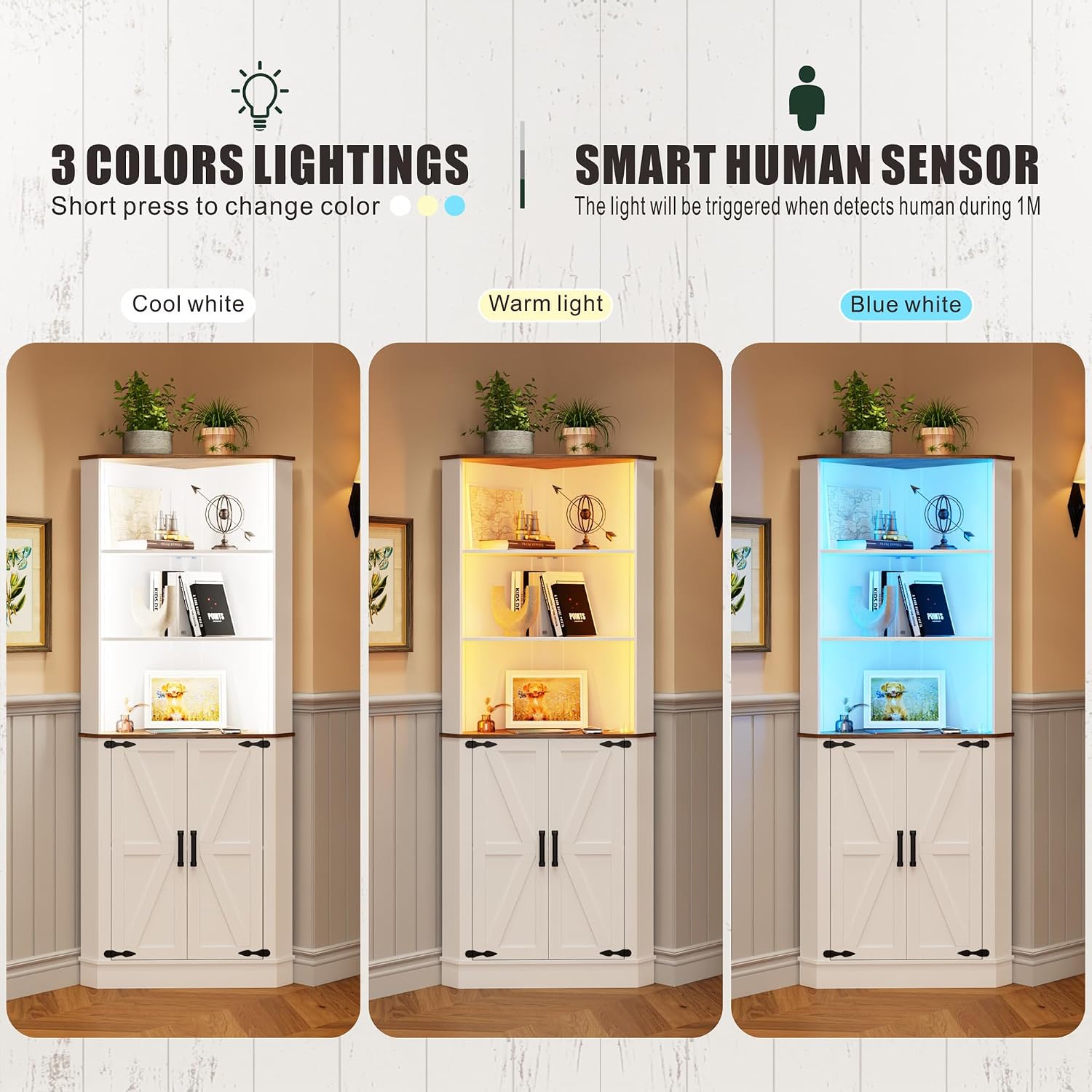 TAGELIER Farmhouse Corner Cabinet with LED Light, 67' Tall Bathroom Cabinet with 2 Doors and 3 Tier Shelves, Free Standing Corner Storage Cabinet for Living Room or Kitchen, White
