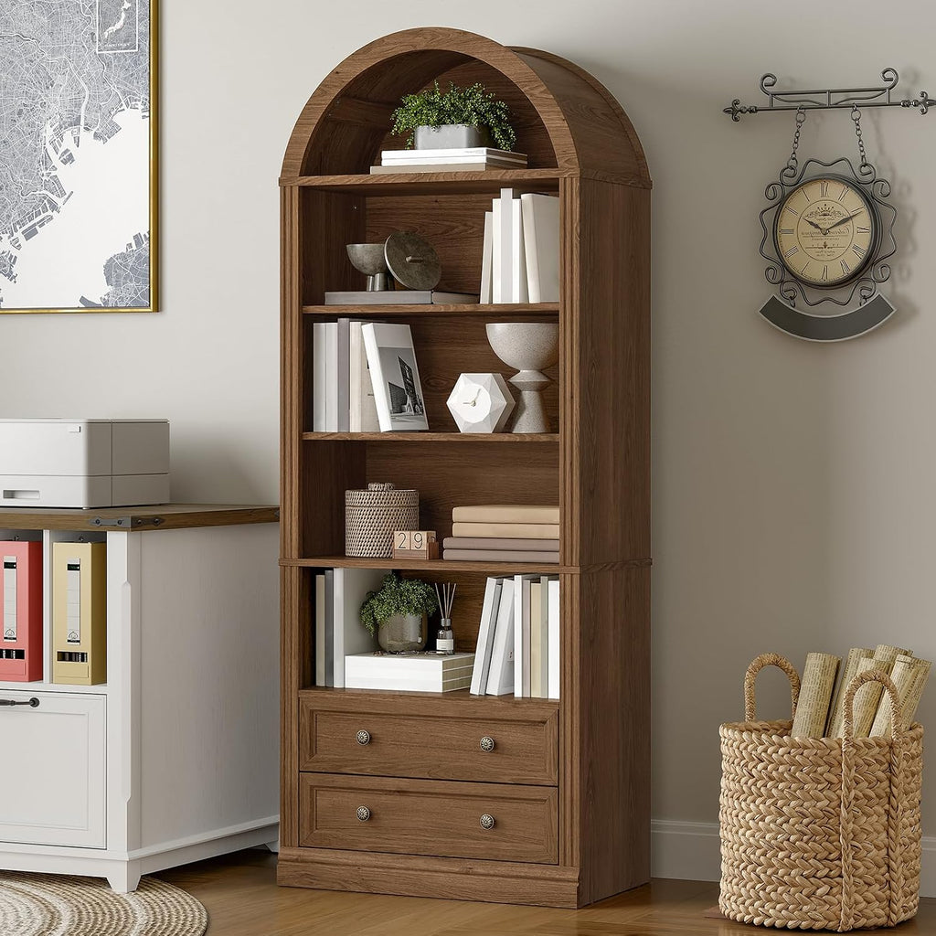 RALGEND Farmhouse Arched Bookshelf Set of 2, 7 Tiers Arch Bookcase with 2 Spacious Drawers, Modern Book Shelf with Open Display Shelves and Storage Cabinet, for Office, Living Room, Kitchen, Walnut