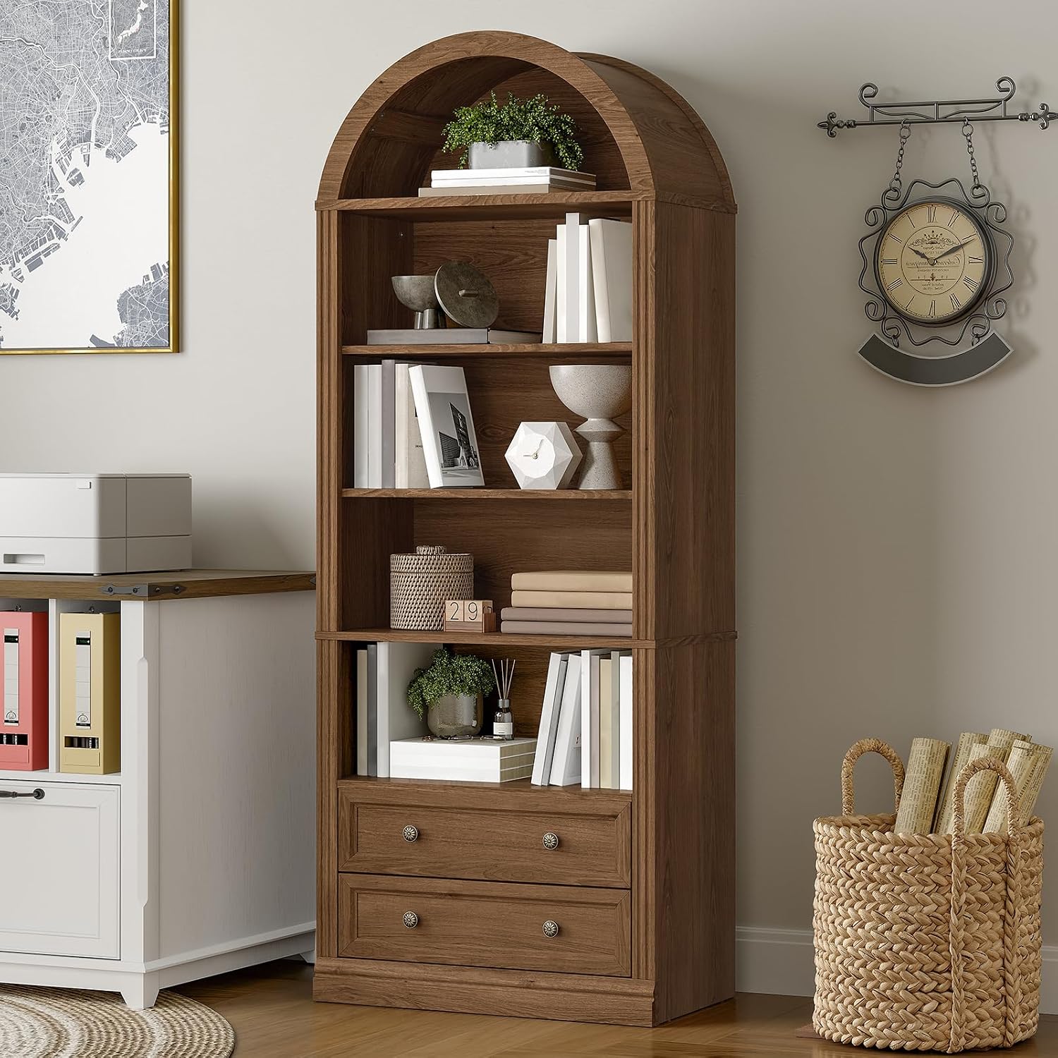 RALGEND Farmhouse Arched Bookshelf Set of 2, 7 Tiers Arch Bookcase with 2 Spacious Drawers, Modern Book Shelf with Open Display Shelves and Storage Cabinet, for Office, Living Room, Kitchen, Walnut