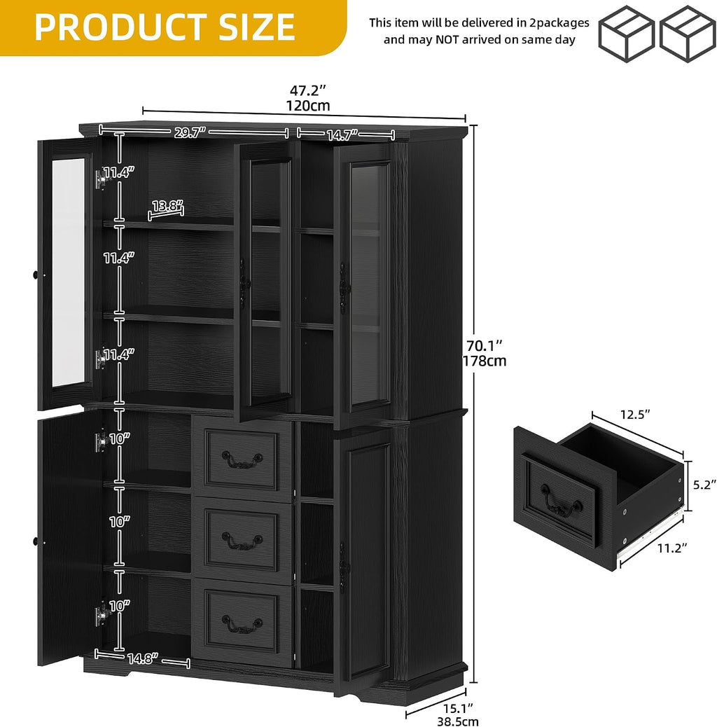 DWVO Large Storage Cabinet, 72' Tall Kitchen Pantry with Glass Doors, Freestanding Glass Display Cabinets with Adjustable Shelves & Drawers, Food China Hutch for Dining Room, Living Room, Black