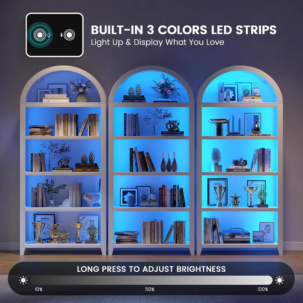Arched Bookcase - 5 Layers Bookshelf with 3 Colors LED Sensor Lights and Thickened Wooden Design Display Shelf for Lego Books Bathroom Living Room - Ideal Gift (White)