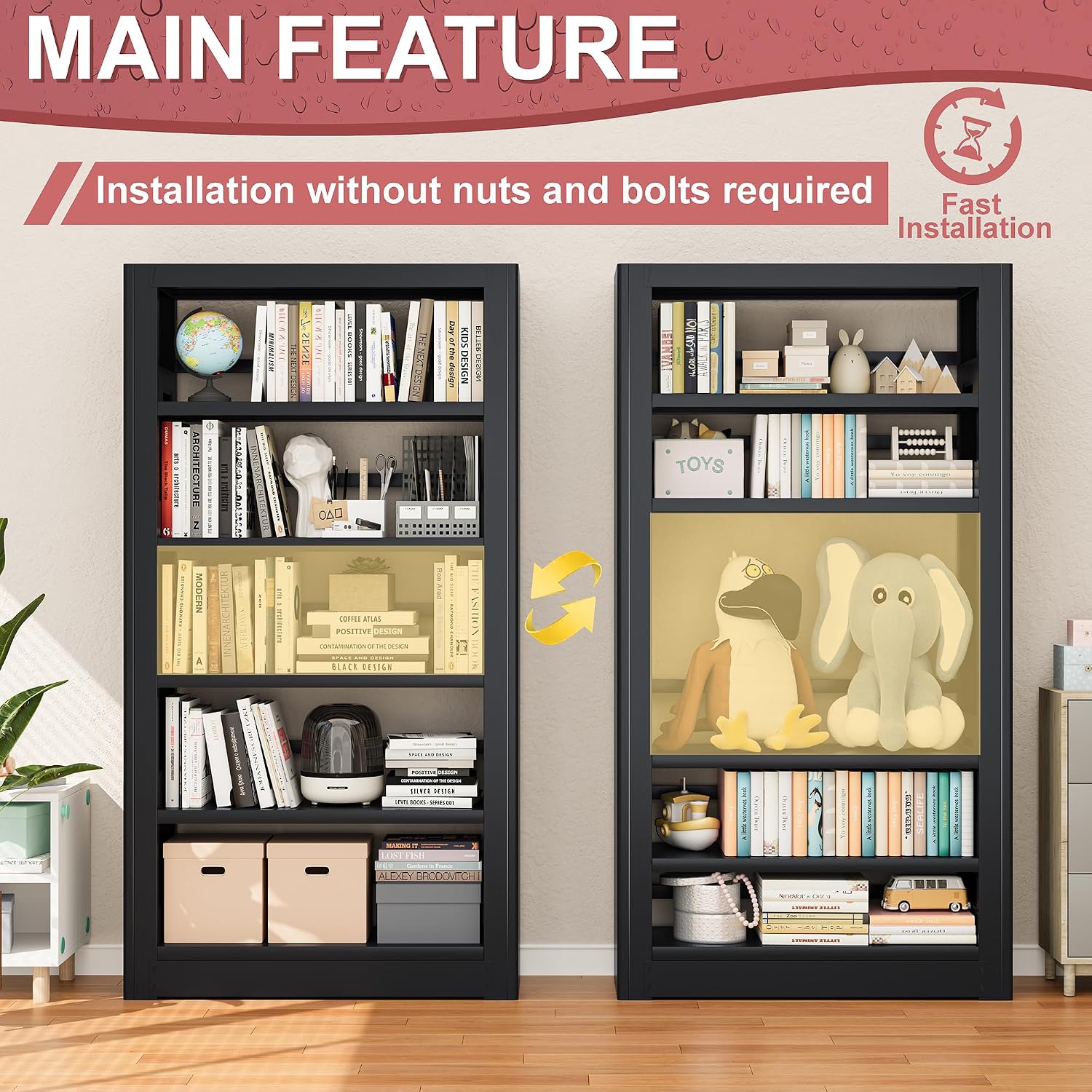 Large Metal Bookcase, 69' Modular Bookshelf with Storage, 5 Tier Bookcase with Adjustable Shelves, Extra Tall Book Shelves, Modern Book Case for Library, Office, Entryway, Living Room（Black）