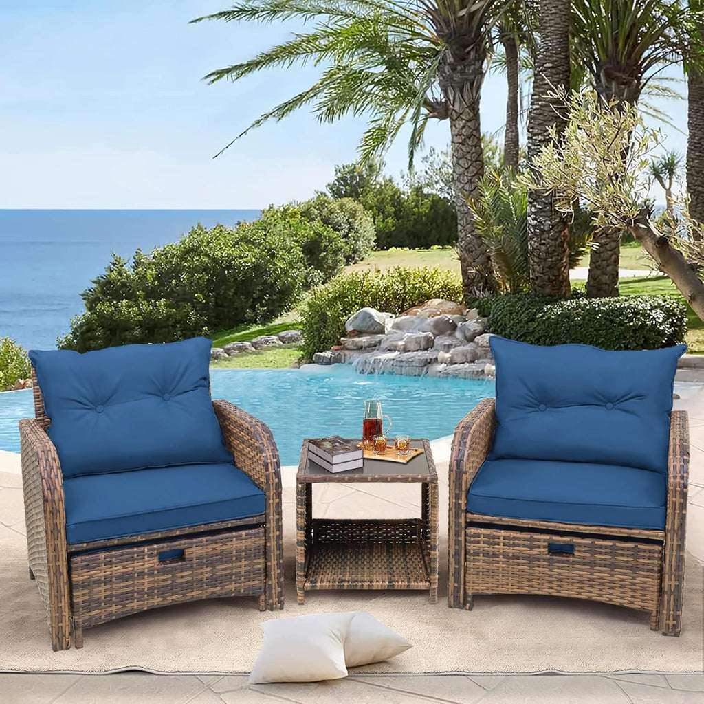 5 Pieces PE Wicker Patio Chairs with Ottomans, Outdoor Balcony Chairs with Ottomans, 5 PCS Outdoor Patio Furniture Set with Ottoman for Porch Sunroom Poolside, Blue Cushion