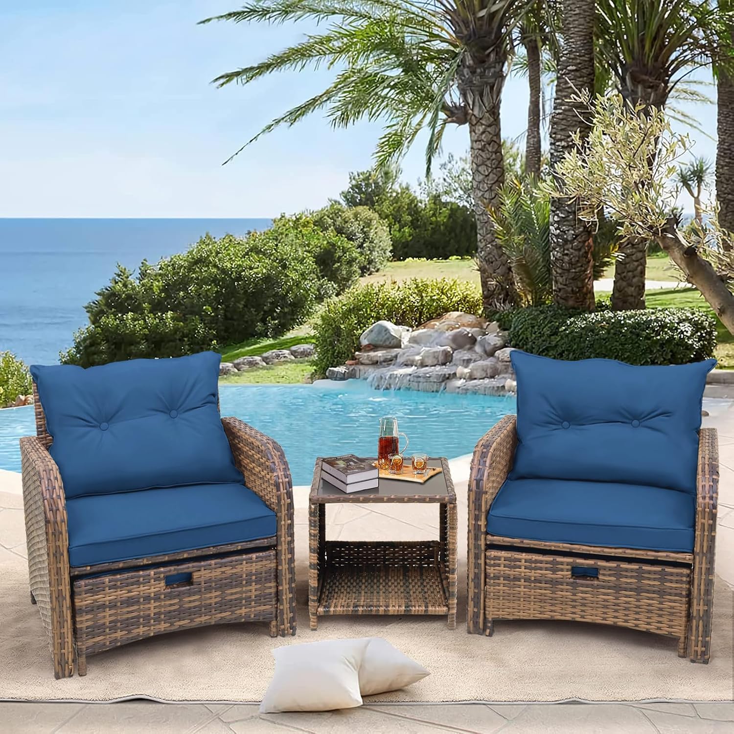 5 Pieces PE Wicker Patio Chairs with Ottomans, Outdoor Balcony Chairs with Ottomans, 5 PCS Outdoor Patio Furniture Set with Ottoman for Porch Sunroom Poolside, Blue Cushion
