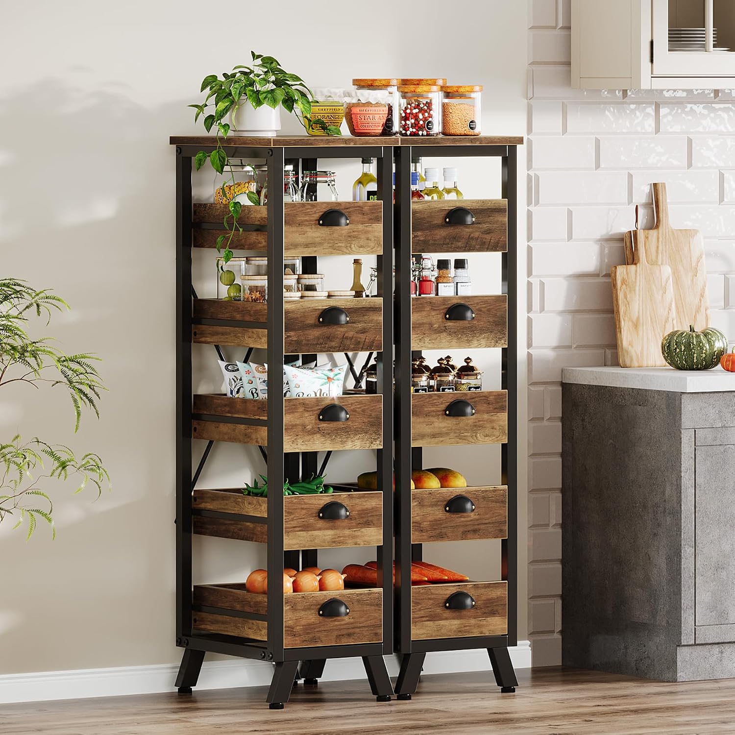 Tribesigns Wood Fruit and Vegetable Storage Rack Set of 2, 5-Tier Narrow Snack Stand Kitchen Stand Fruit Basket, Pull-Out Utility Organizer for Kitchen, Living Room, Rustic Brown