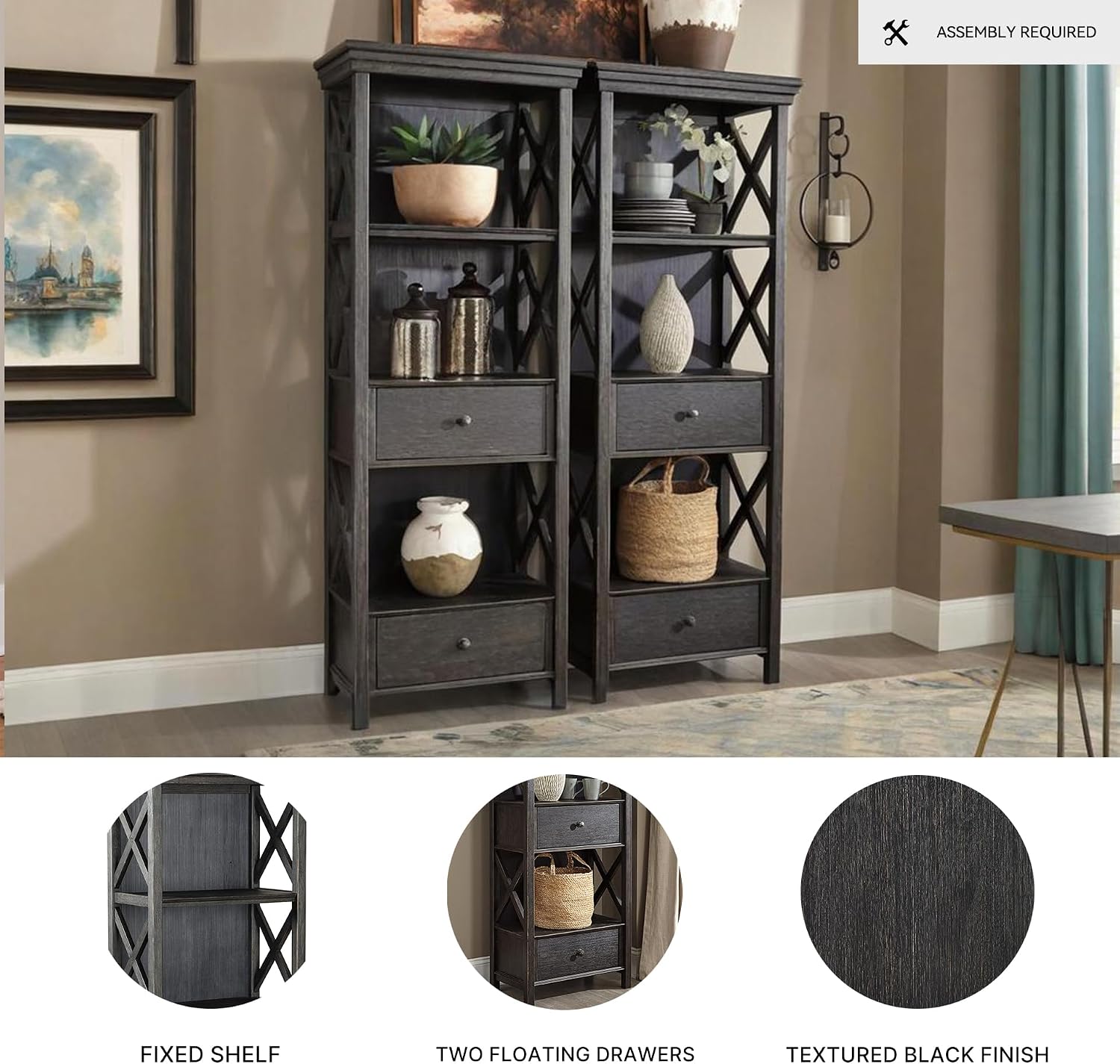 Signature Design by Ashley Tyler Creek Casual Farmhouse 75' Display Cabinet or Bookcase with Drawers and Shelf, Open Lattice Sides, Wood, Gray Black Finish