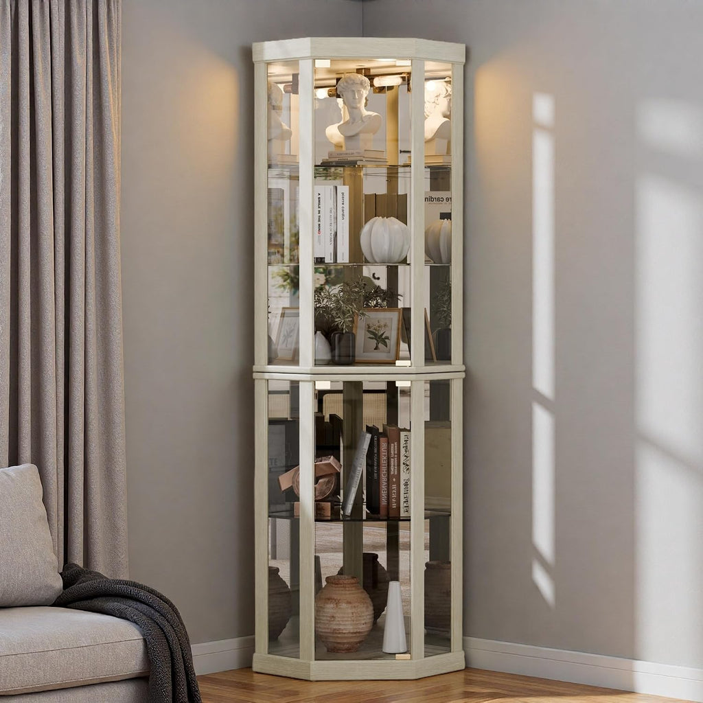Lighted 3-Side Glass Display Curio Cabinet, Corner China Cabinet with Tempered Glass Doors, Wooden Display Case with Light Bulb for Living Room, Antique White