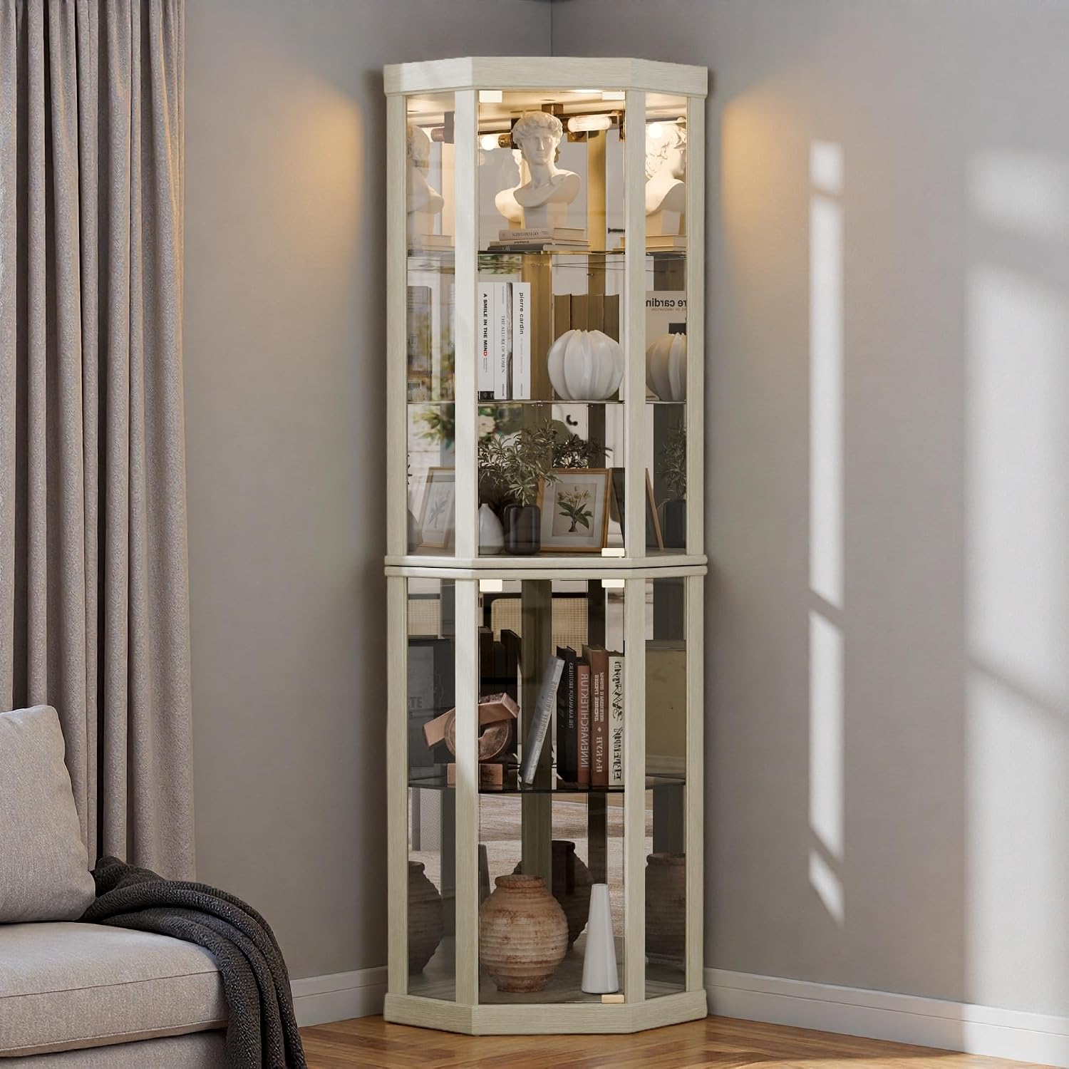 Lighted 3-Side Glass Display Curio Cabinet, Corner China Cabinet with Tempered Glass Doors, Wooden Display Case with Light Bulb for Living Room, Antique White