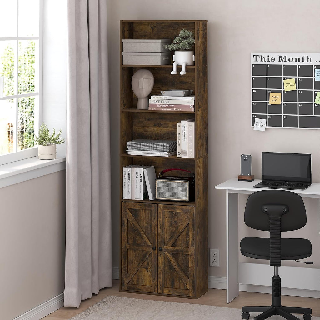 Furinno Jensen Book Shelf, 6-Tier Farmhouse Bookshelf, Display Bookcase with Doors, 9.2' x 21.6' x 71.2', for Organization and Storage, for Living Room, Bedroom, Home Office, Amber Pine