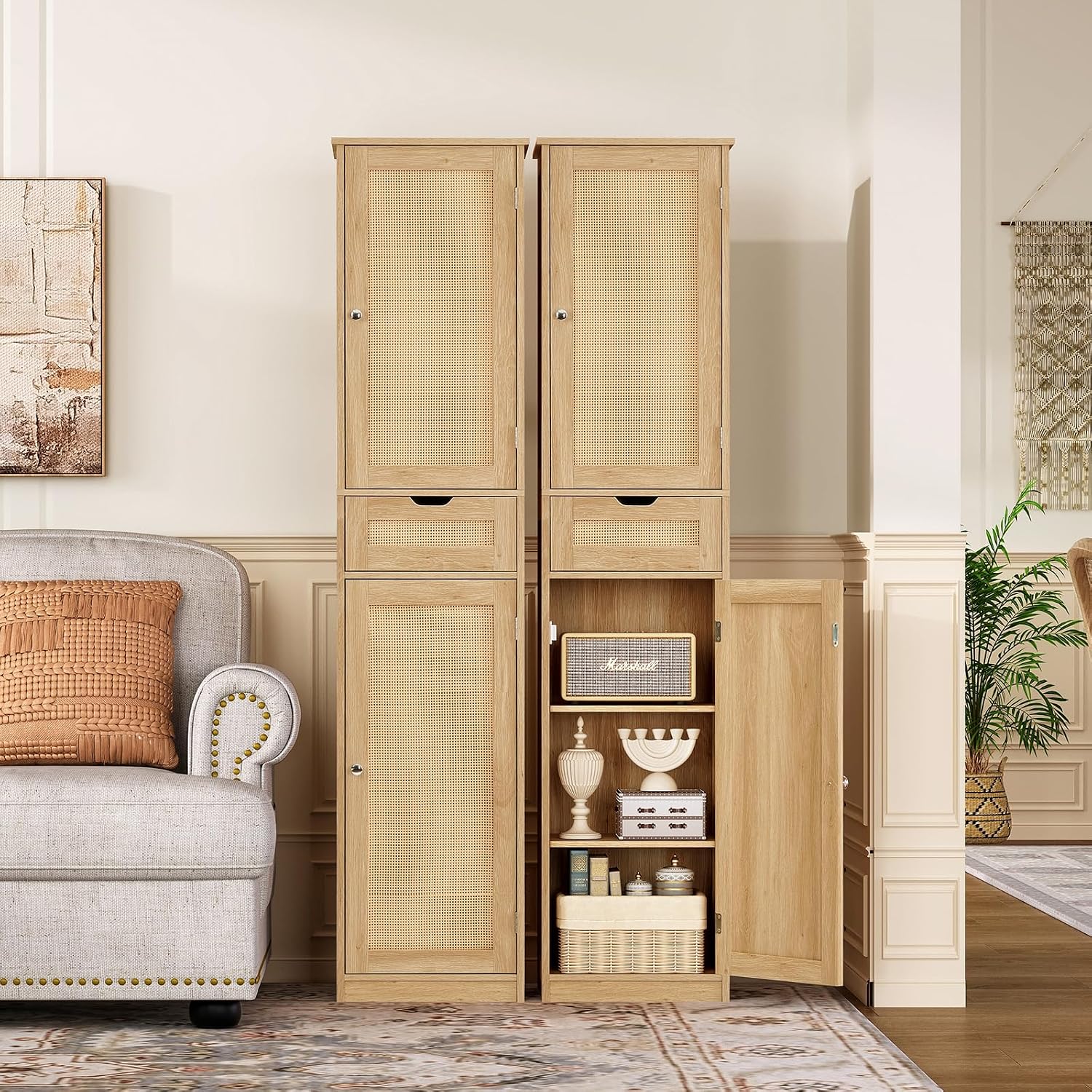 TEENFON 67' H Tall Storage Cabinet with 2 Rattan Doors and 1 Drawer, Narrow Rattan Cabinet with Adjustable Shelves, for Living Room, Entryway, Kitchen, Natural