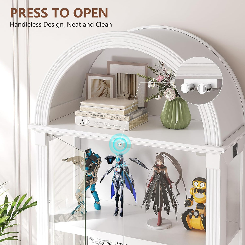 Arched Display Cabinet with Glass Doors, 72' Tall Curio Cabinet with Human Sensor Lights, 4-Tier Display Case for Collectibles Bookcase Living Room