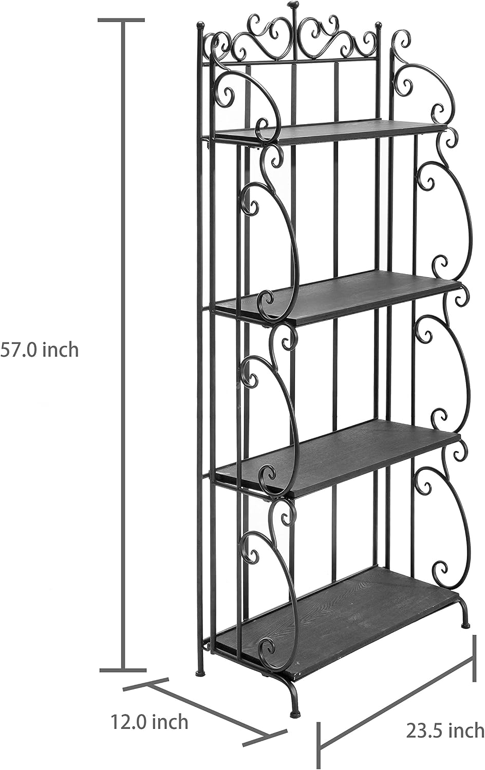 MyGift Black Metal Freestanding Shelf Rack, Decorative Bakers Rack Bookshelf Storage Shelf Unit with Metal Scrollwork Frame, Indoor Plant Pot Display Stand with 4 Wood Shelves
