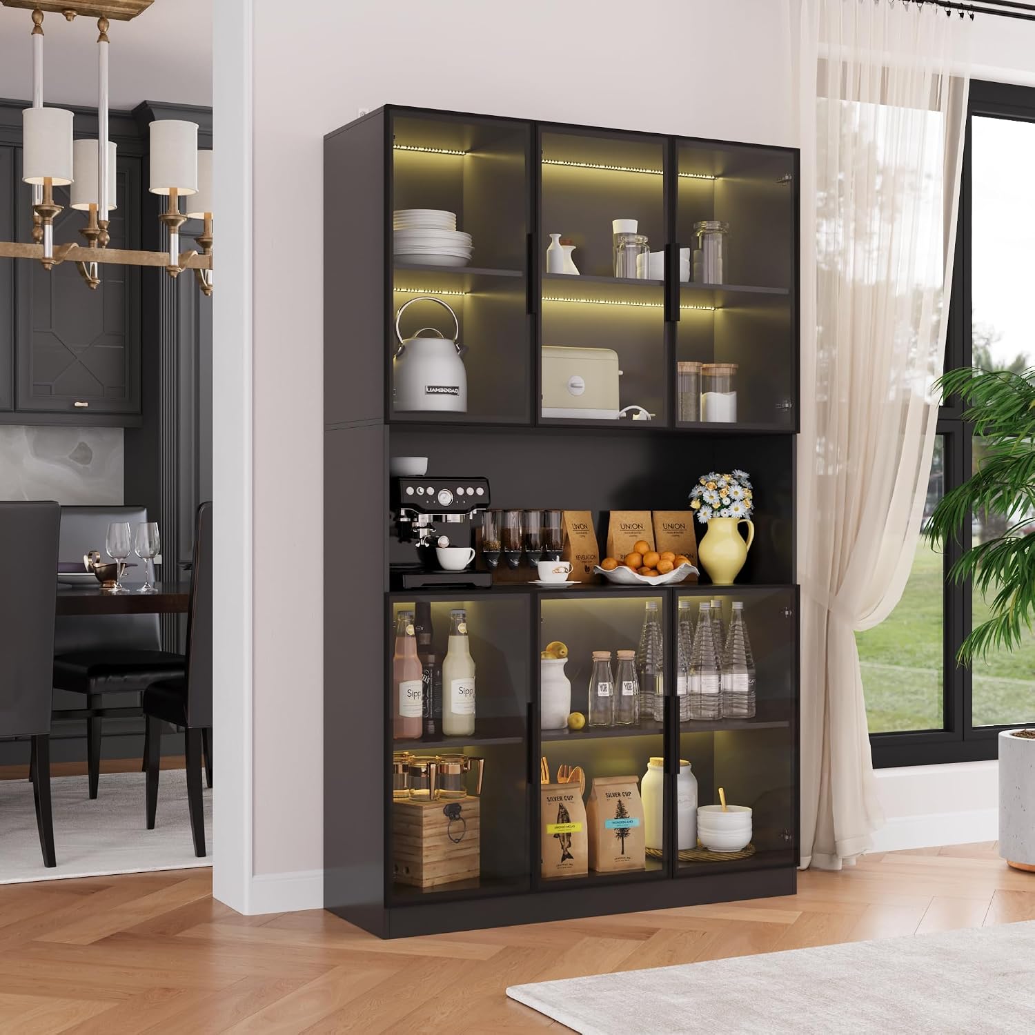 Bobve 78.7' H Display Cabinet with 6 Glass Doors and APP Control LED Lights,Storage Cabinets Modern Bookcase with Hutch for Collectible,Display Case Trophy Case,Black