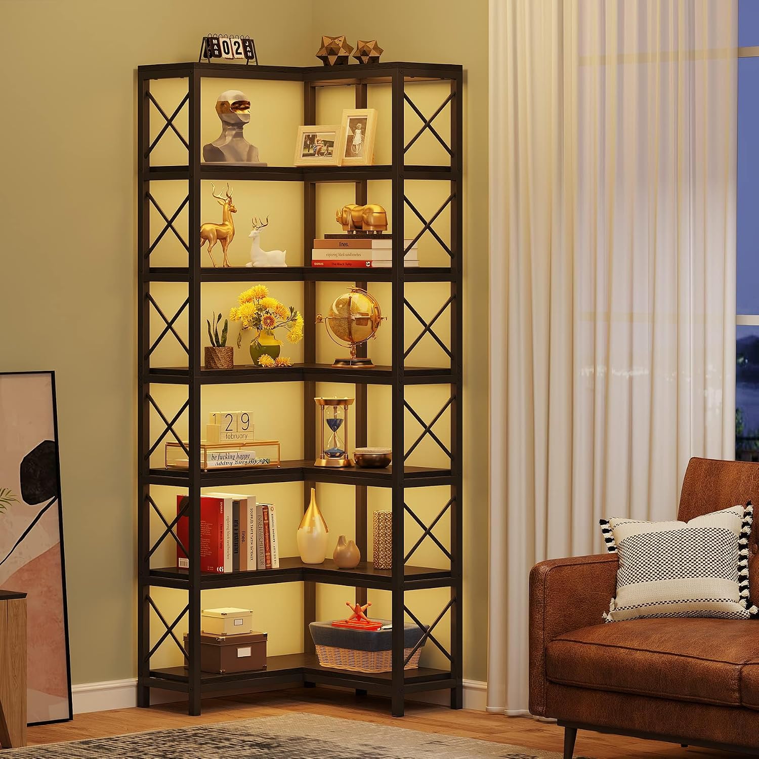 LITTLE TREE 79 inches Tall Bookshelf Bookcase, 7-Tier Corner Book Shelf, Modern Freestanding Open Book Shelves, Black Shelving Unit Display Shelf for Living Room