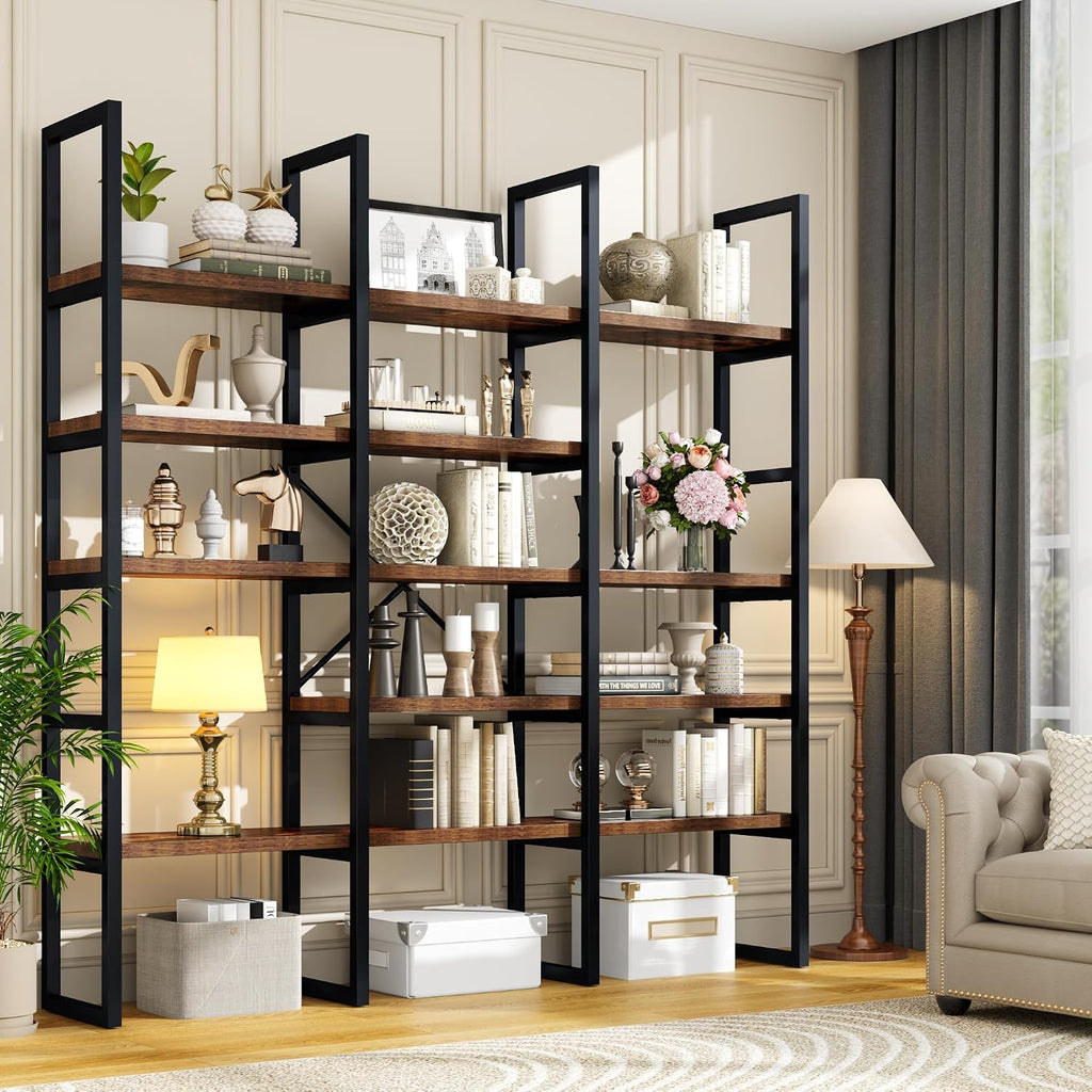 Large Bookshelf 5 Tiers, Triple Wide Geometric Bookcase, 71 Inches Tall Industrial Book Shelves Etagere Book Case, Sturdy Metal Frame, Freestanding Display Shelving Unit, Brown