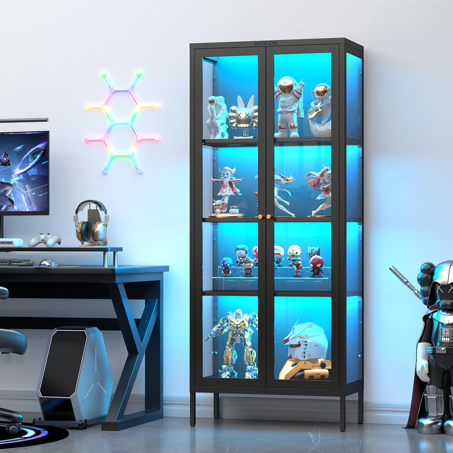 UNICOLY Display Cabinet with Glass Doors, Glass Display Cabinet with 8 Color LED Lights, Curio Display Cabinet with 3 Shelves for Living Room, Plant, Display Shelf, Assembly Required, Black