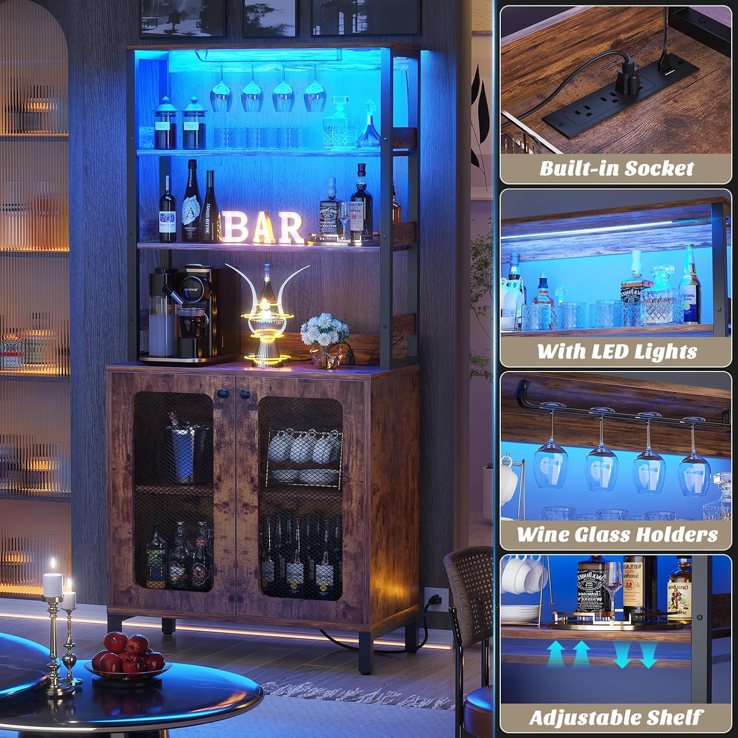 Aheaplus Bar Cabinet with Power Outlets, 67' Tall Wine Bar Liquor Cabinet with LED Lights & Glass Holder, Coffee Bars Station for Living Room, Microwave Stand Bakers Rack Cabinets, Rustic Brown