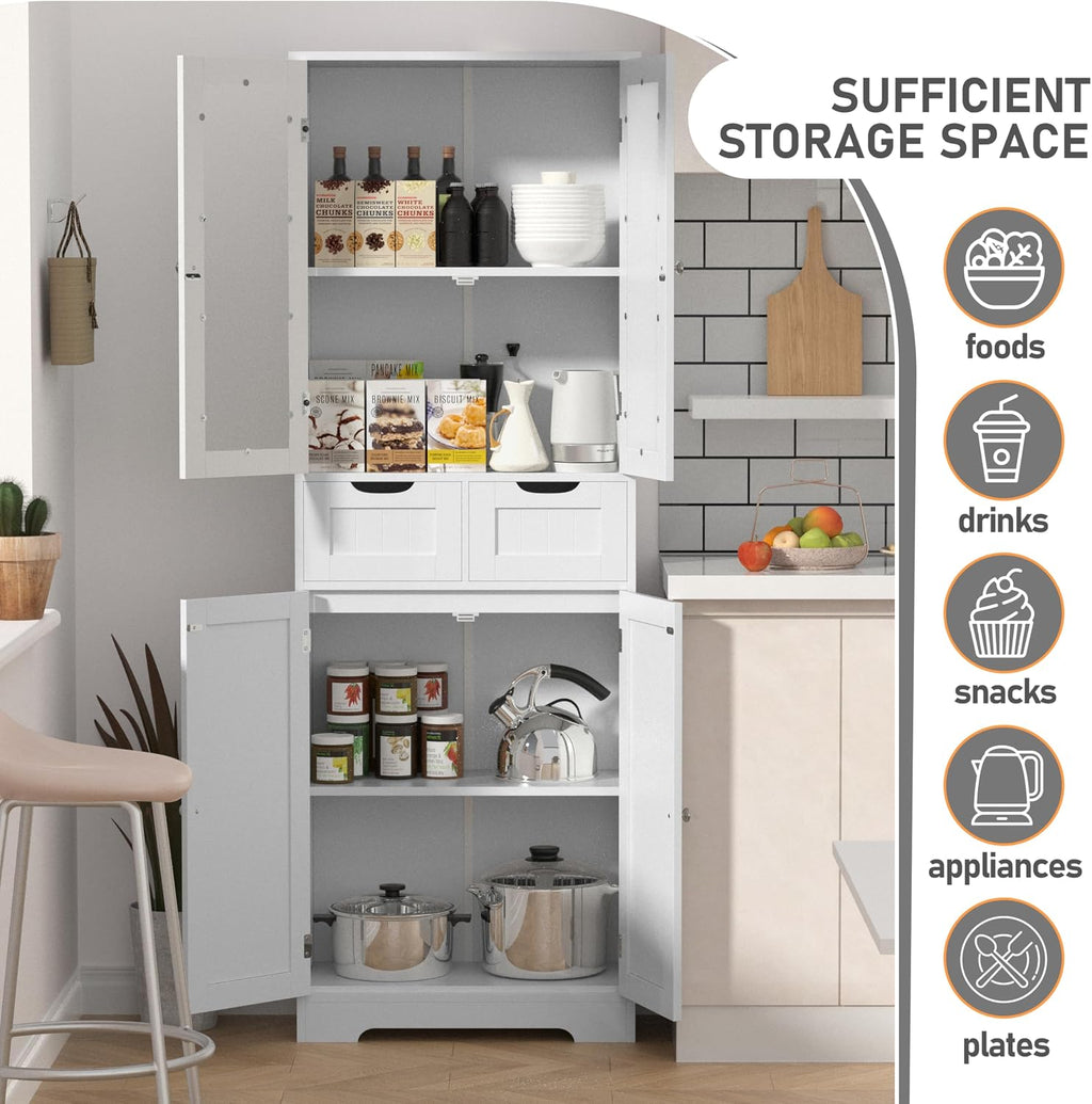 Betterhood 67' Tall Bathroom Storage Cabinet, Freestanding Linen Cabinet with Glass Doors and Shelves, Large Bathroom Pantry Cabinet with 2 Drawers for Living Room, Kitchen, Dining Room, Office, White