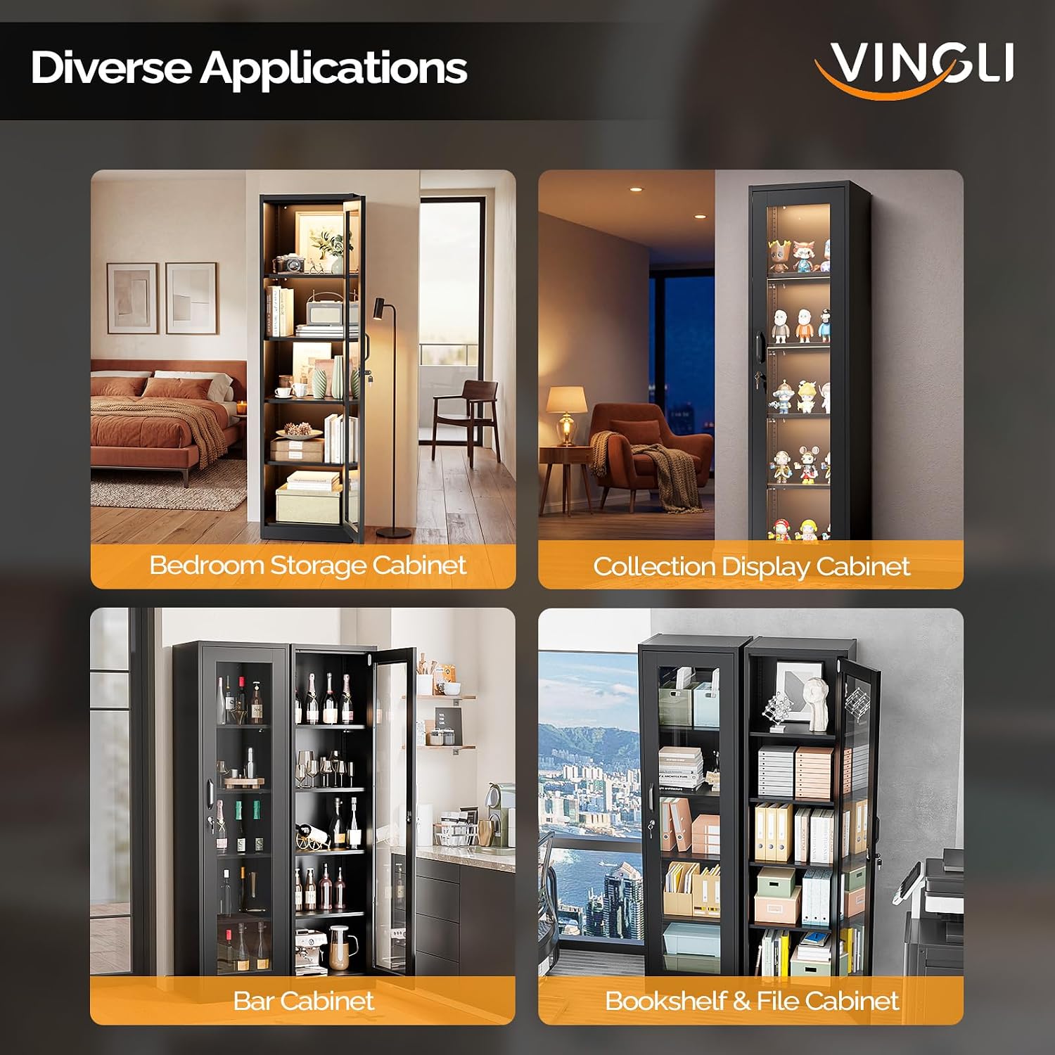 VINGLI Lockable Display Cabinet with Glass Door & 4 Adjustable Shelves, 65' Tall Metal Storage Cabinet Curio Liquor, Bookshelf Bookcase for Home Office Living Room Pantry Garage (Black)