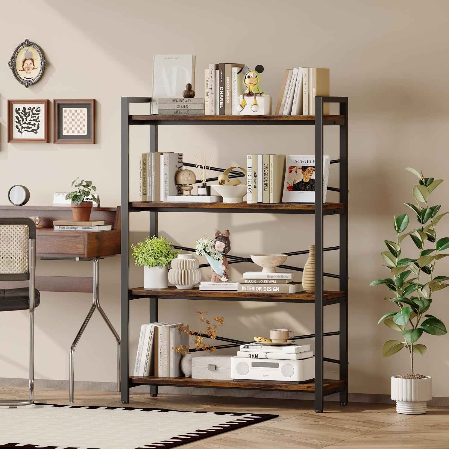 4 Tier Bookshelf 31.49' Width, Book Organizers and Storage, Wood and Metal Tall Bookcase, Rustic Book Shelf Organization and Storage for Home Living Room Bedroom Office Storage(Rustic Brown)