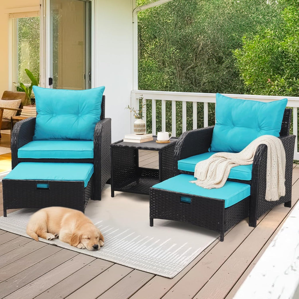 5 Piece Outdoor Chairs with Ottoman Underneath, Wicker Patio Furniture Set with Ottomans, Outdoor Conversation Set Bistro Chairs for Patio Porch Backyard Balcony, Lakeblue