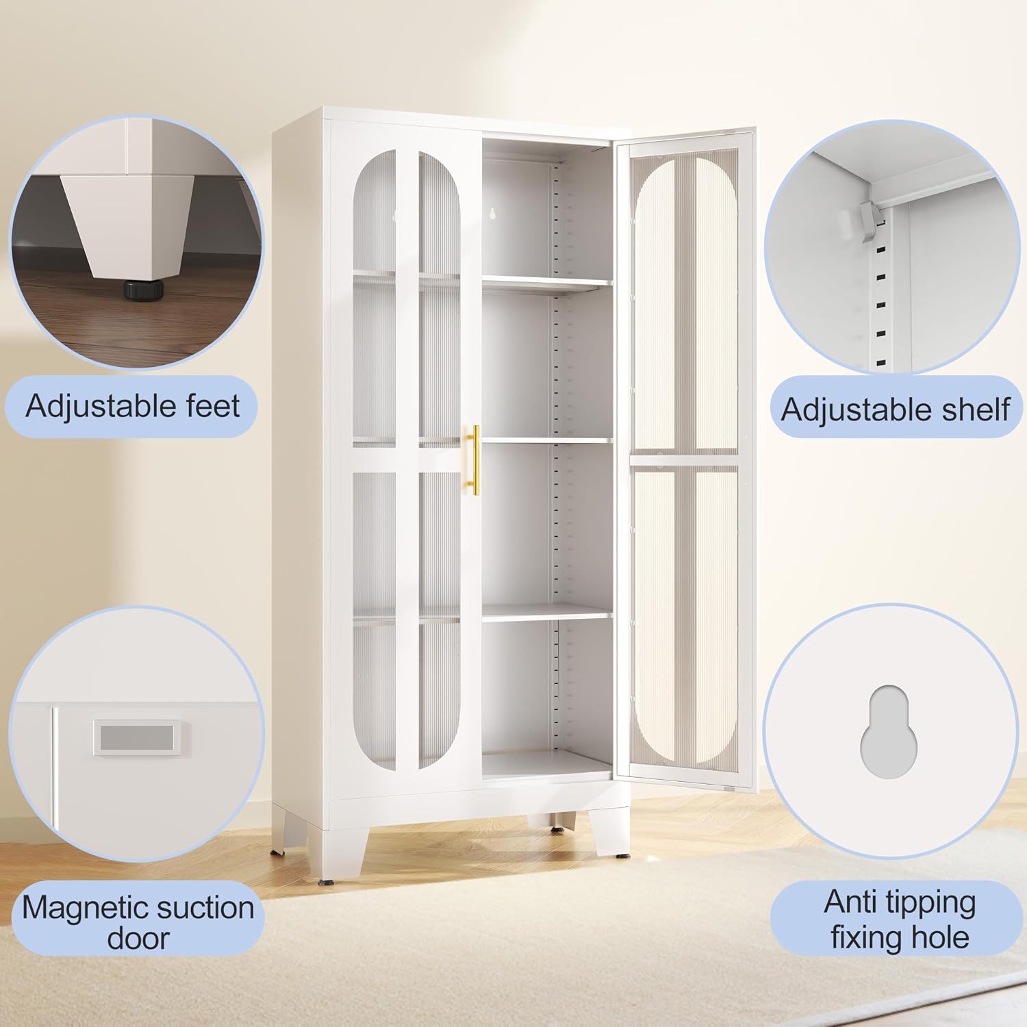 erosoei Metal Kitchen Pantry Storage Cabinet,Food Pantries Cabinets with Acrylic Glass Doors and Adjustable Shelves,Storage Cupboard for Kitchen, Living Room, Laundry Room and Dinning Room 61.02'H