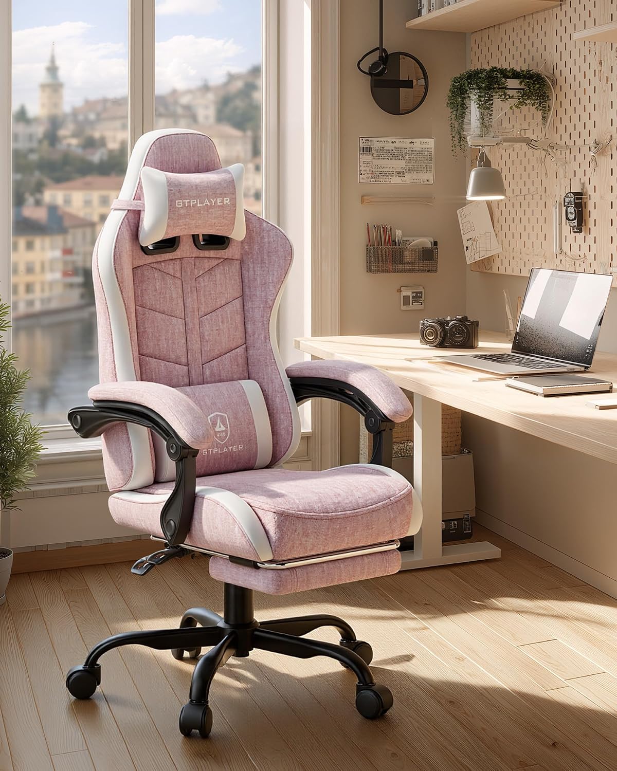 GTPLAYER Gaming Chair for Adults, Ergonomic Computer Gaming Chair with Footrest, Height Adjustable, 90-155° Recline & Removable Headrest Lumbar Support, Valentines Day Gift, Pink