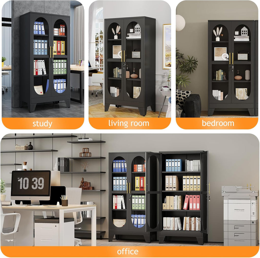 PAOFIN 61' H Locking Display Cabinet with Glass Door, Metal Cabinets with 3 Adjustable Shelves, Cabinet Display Case for Living Room, Collectibles, Clinic, Home - Assembly Required Black