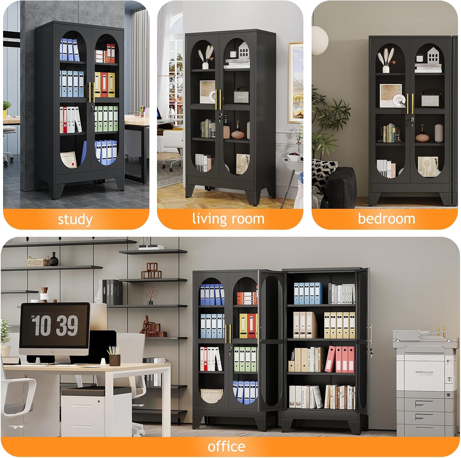 PAOFIN 61' H Locking Display Cabinet with Glass Door, Metal Cabinets with 3 Adjustable Shelves, Cabinet Display Case for Living Room, Collectibles, Clinic, Home - Assembly Required Black