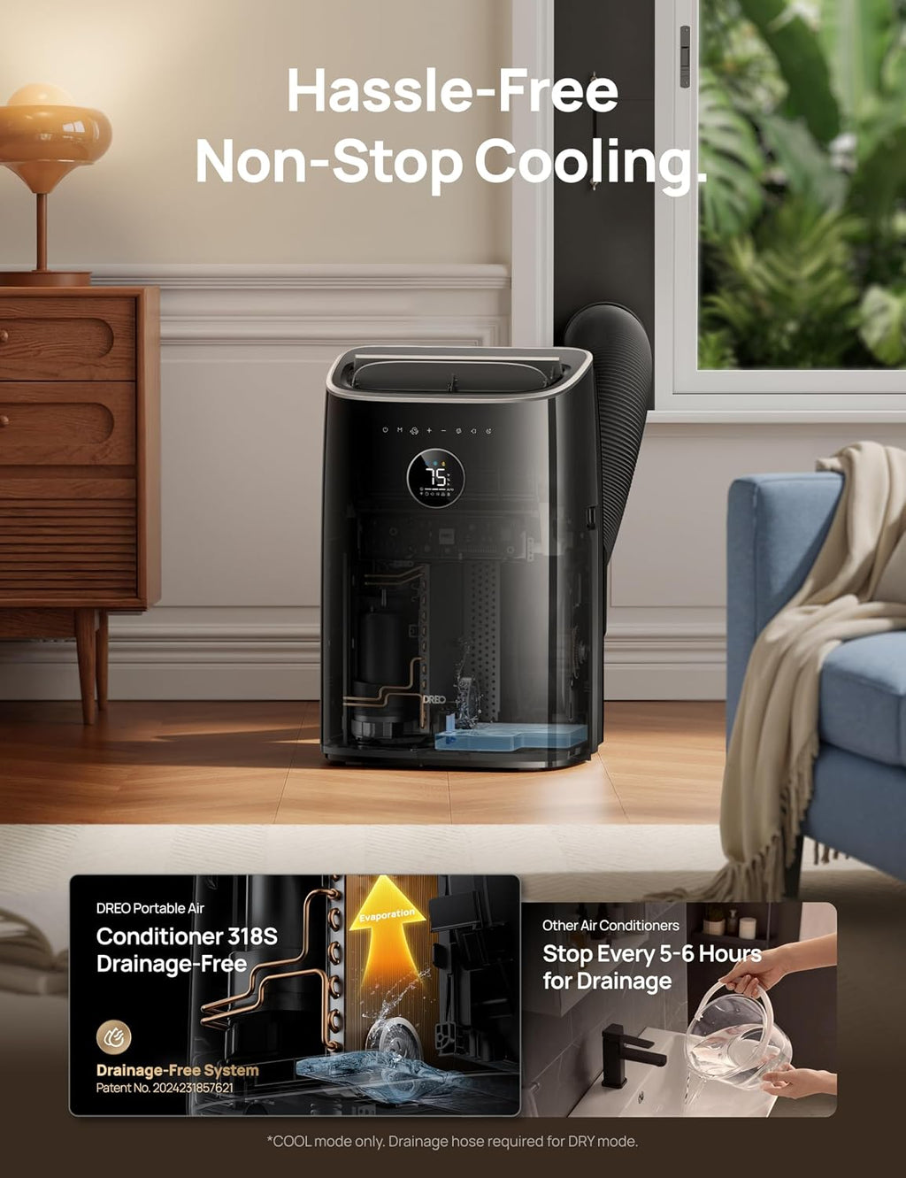DREO Portable Air Conditioner 515S, 12000 BTU ASHRAE (8000 BTU DOE) Smart AC Unit for Bedroom with Drainage-free Cooling, Fan&Dehumidifier 3 in 1, APP/Voice/Remote, Quiet Standing AC for Room Indoors
