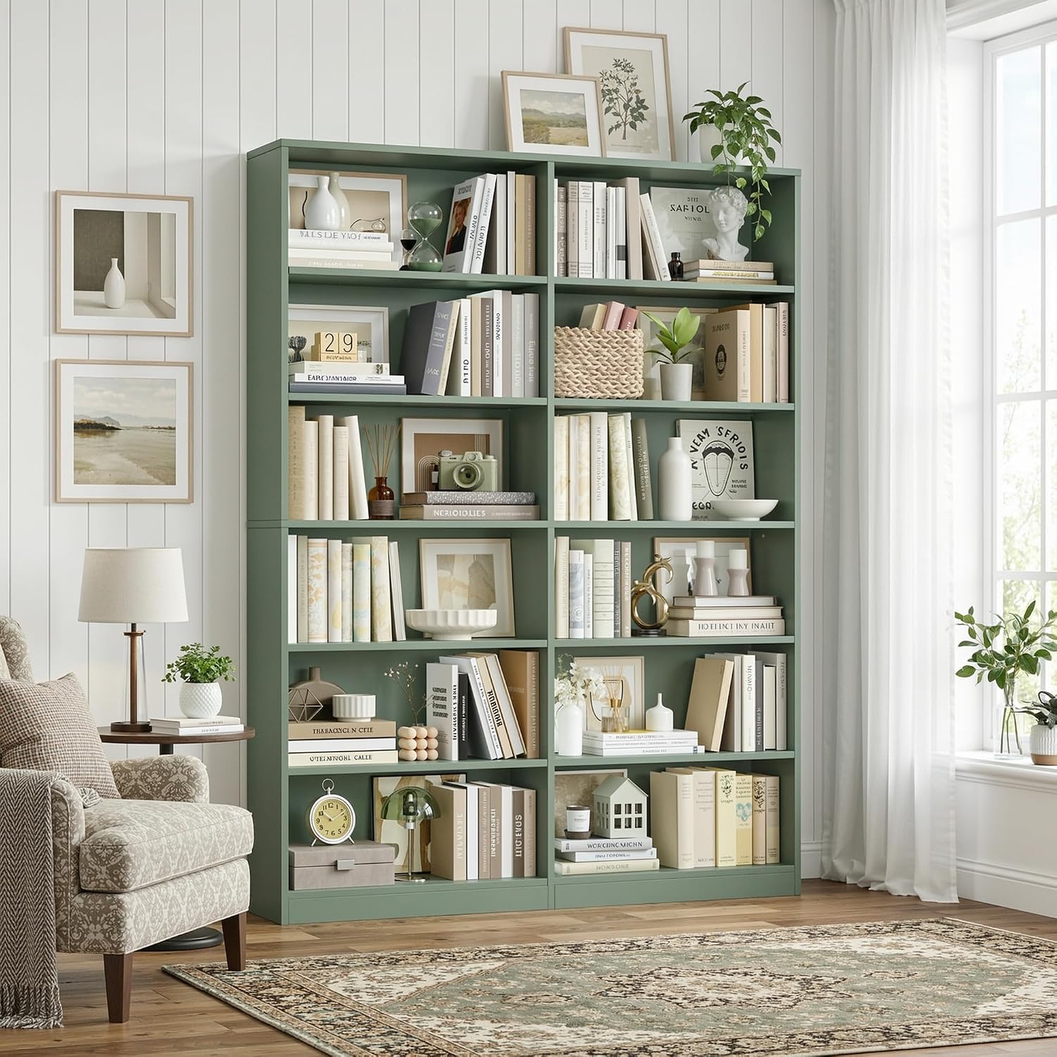 FACBOTALL Bookshelf and Bookcase, 6-Tier Double Wide Bookshelves, Freestanding Display Storage Shelves, Tall Bookcases for Home Decor Bedroom, Living Room, Home Office, Green