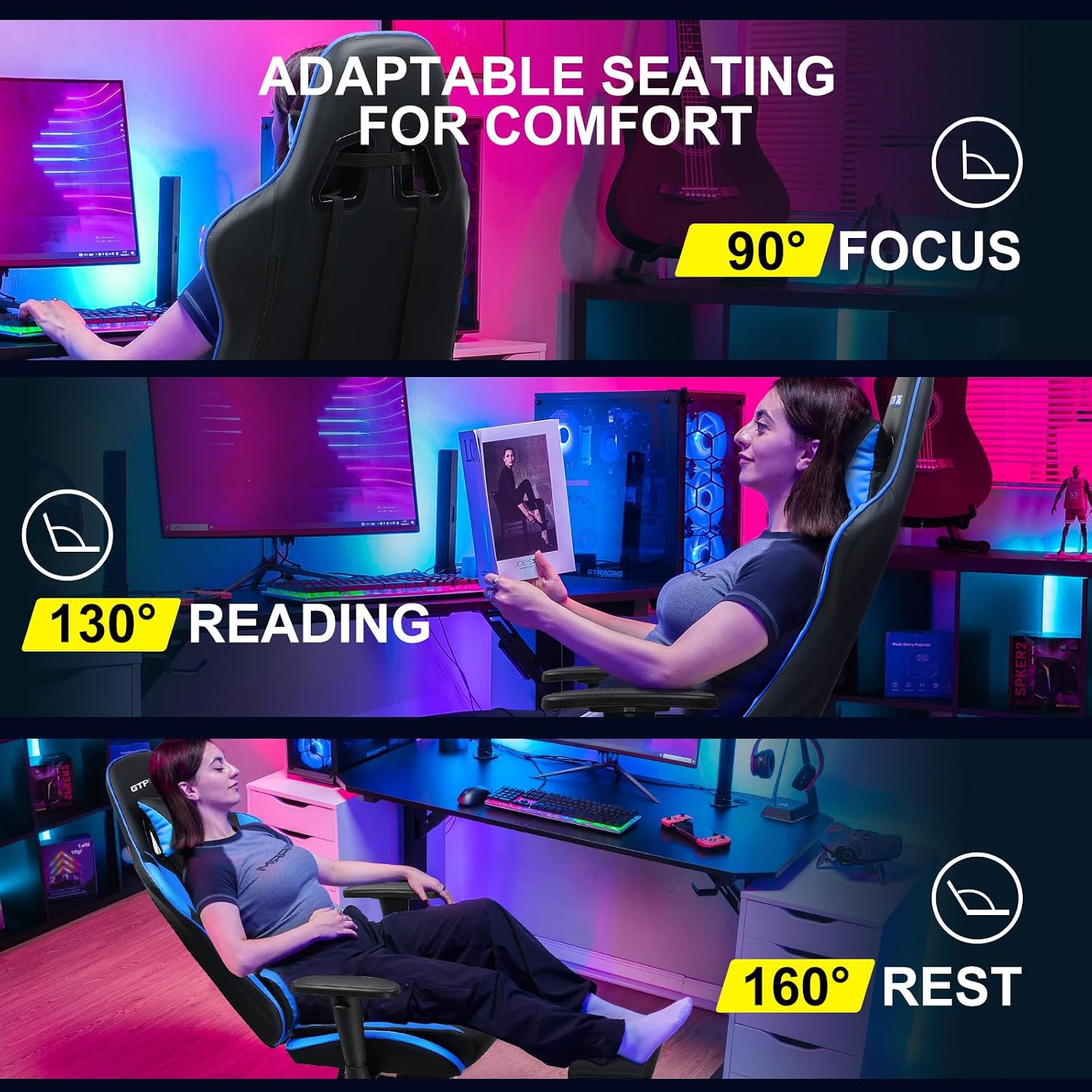 GTPLAYER Gaming Chair with Footrest, Ergonomic Computer Game Desk Chair, Reclining Game Chair Seat Height Adjustment, Swivel Rocker with Headrest and Lumbar (Blue)