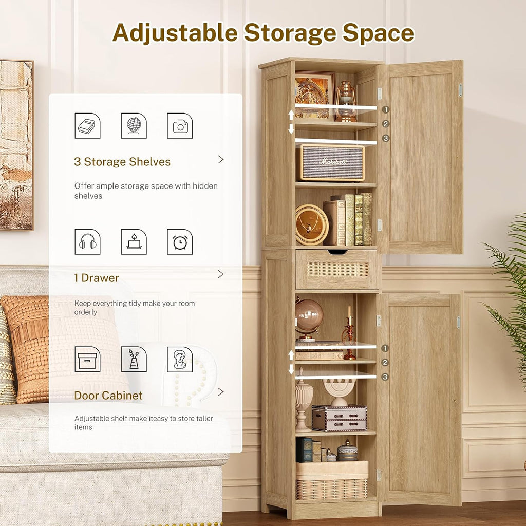 TEENFON 67' H Tall Storage Cabinet with 2 Rattan Doors and 1 Drawer, Narrow Rattan Cabinet with Adjustable Shelves, for Living Room, Entryway, Kitchen, Natural