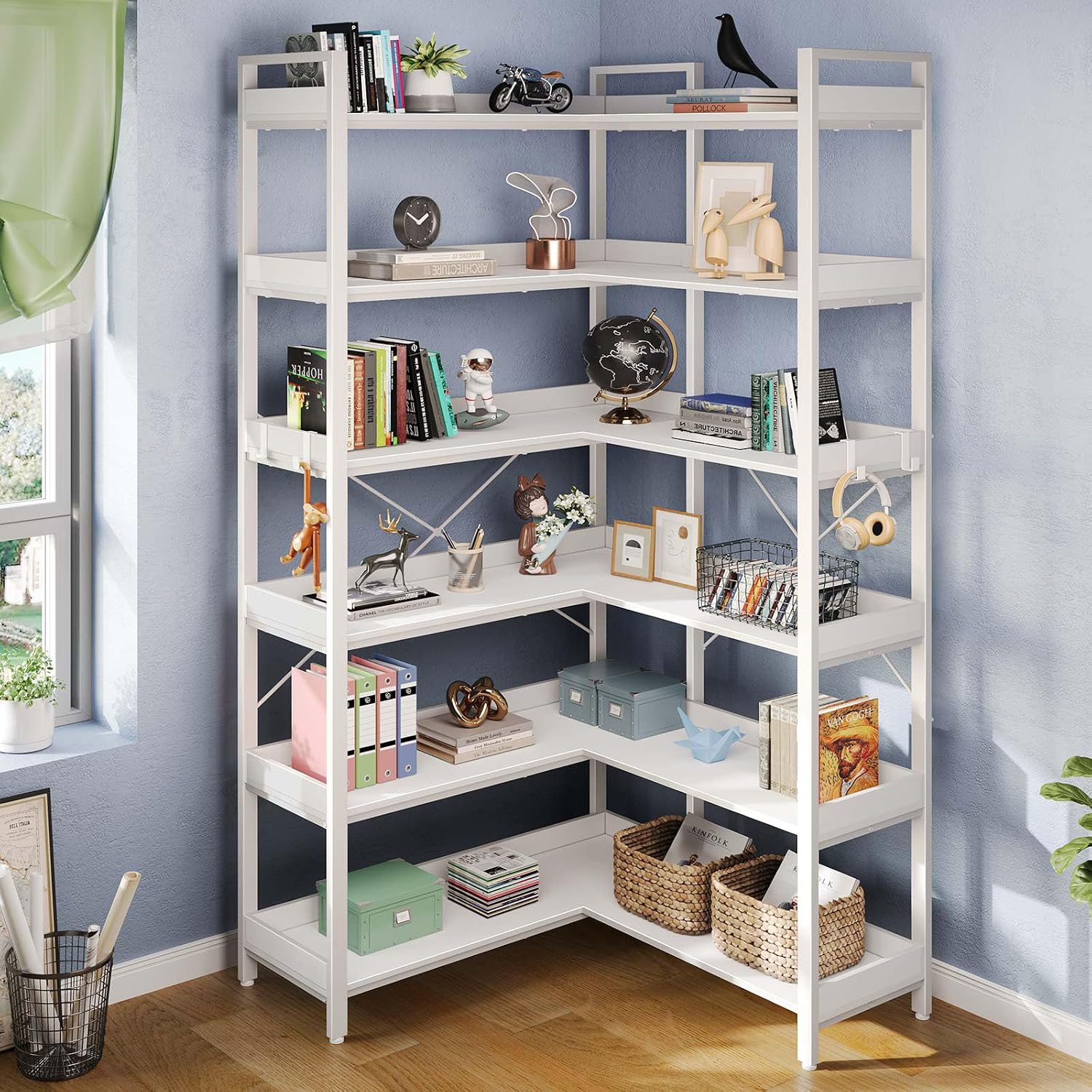 Rolanstar Bookshelf 6 Tier with 4 Hooks, Reversible Corner Bookshelf, 69' Industrial Wooden Bookcase with Open Shelves and Metal Frame for Living Room, Bedroom, Home Office, White