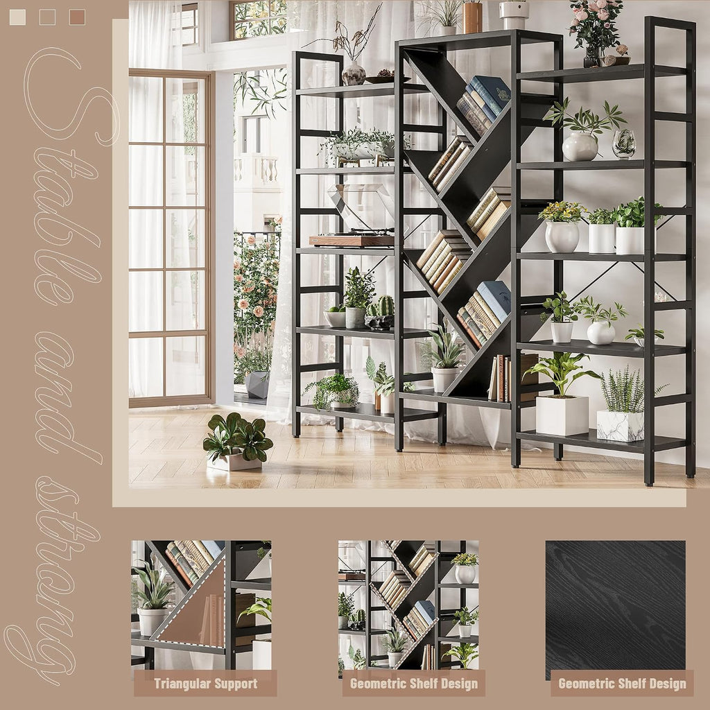 INNOD 70x70' Triple 5 Tier Book Shelf, Large Wooden Bookcase with 17 Open Display Shelf, Modern Tree Bookshelf Metal Frame Tall Book Case Furniture for Living Room Bedroom Home Office Black