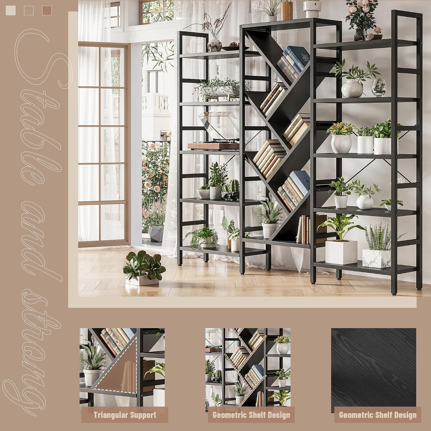 INNOD 70x70' Triple 5 Tier Book Shelf, Large Wooden Bookcase with 17 Open Display Shelf, Modern Tree Bookshelf Metal Frame Tall Book Case Furniture for Living Room Bedroom Home Office Black
