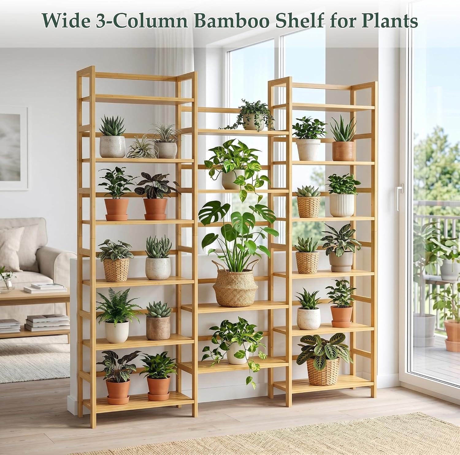 Homykic Bamboo Bookshelf, 71' Tall Triple Wide Bookcase with 17 Open Storage Shelves, 6-Tier Etagere with Back Rails, Large Display Shelf for Books, Plants, Home Office, Living Room, Max Load 748LBS