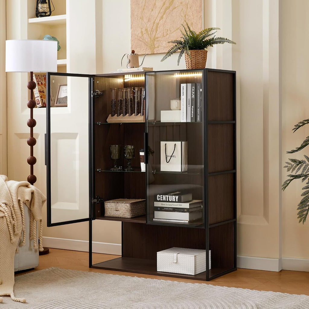 Merax Modern 4 Tier Bookshelf Black Bookcase with Glass Doors & 2 Drawers, 51.2' Tall Wood Display Cabinet with Adjustable Shelves for Living Room, Bedroom, Office Black+Walnut