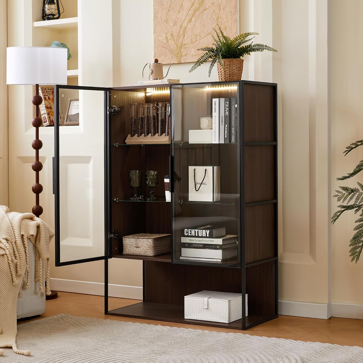 Merax Modern 4 Tier Bookshelf Black Bookcase with Glass Doors & 2 Drawers, 51.2' Tall Wood Display Cabinet with Adjustable Shelves for Living Room, Bedroom, Office Black+Walnut