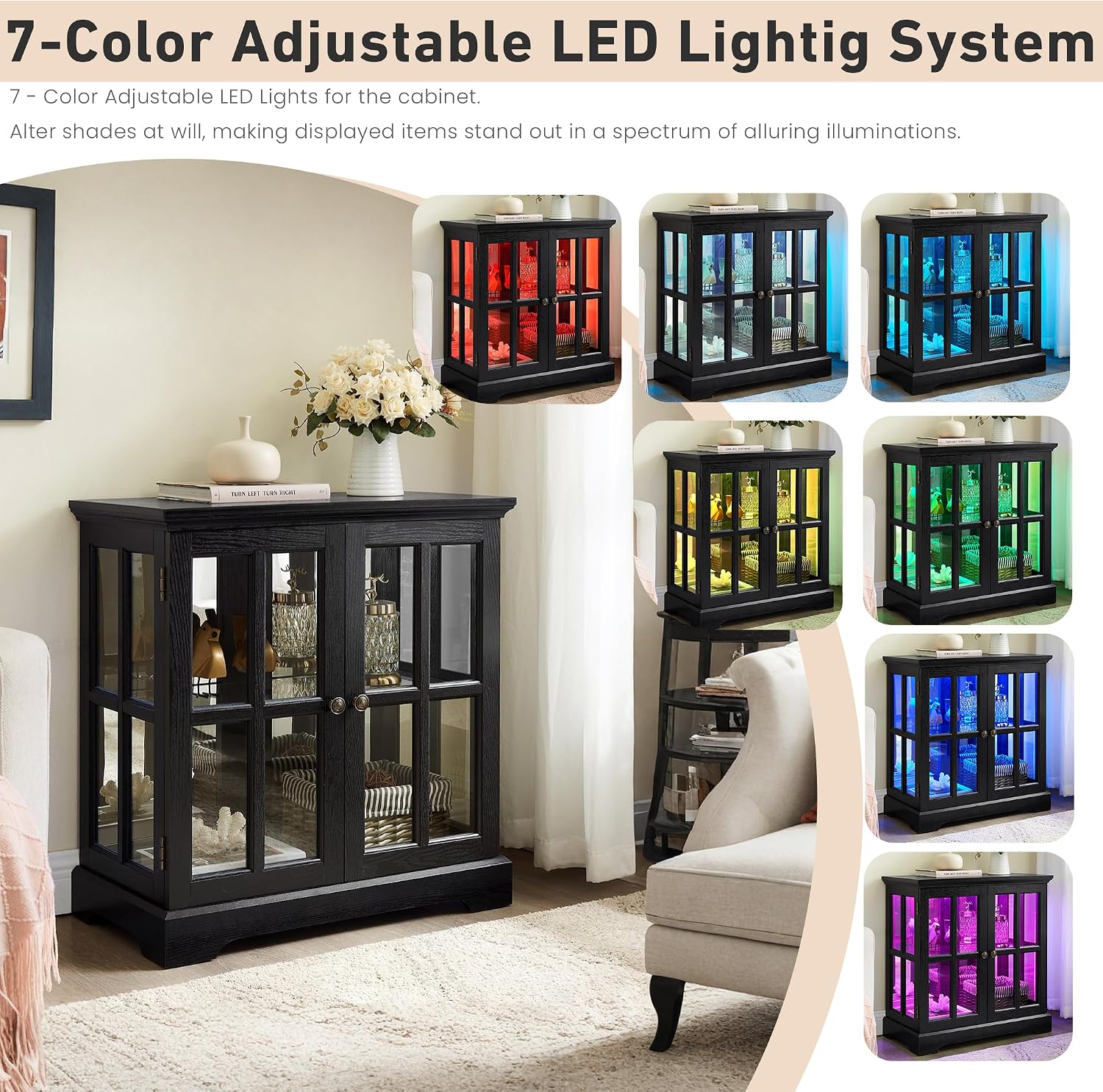 32' H LED Accent Curio Cabinet with 7 Color Lights for Collectibles, Modern Storage Cabinet with Tempered Glass Doors, Sideboard Buffet Case with Smartphone-Controlled Lights (Black)