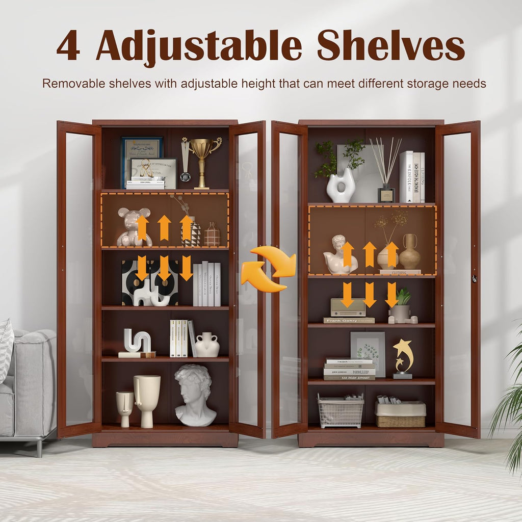 SteeLoong 71' Glass Display Cabinet with Lock,Curio Cabinet with Glass Doors, Metal Display Case with 4 Adjustable Shelves, Brown Bookcase Locking Storage Cabinets for,Liquor,Commercial